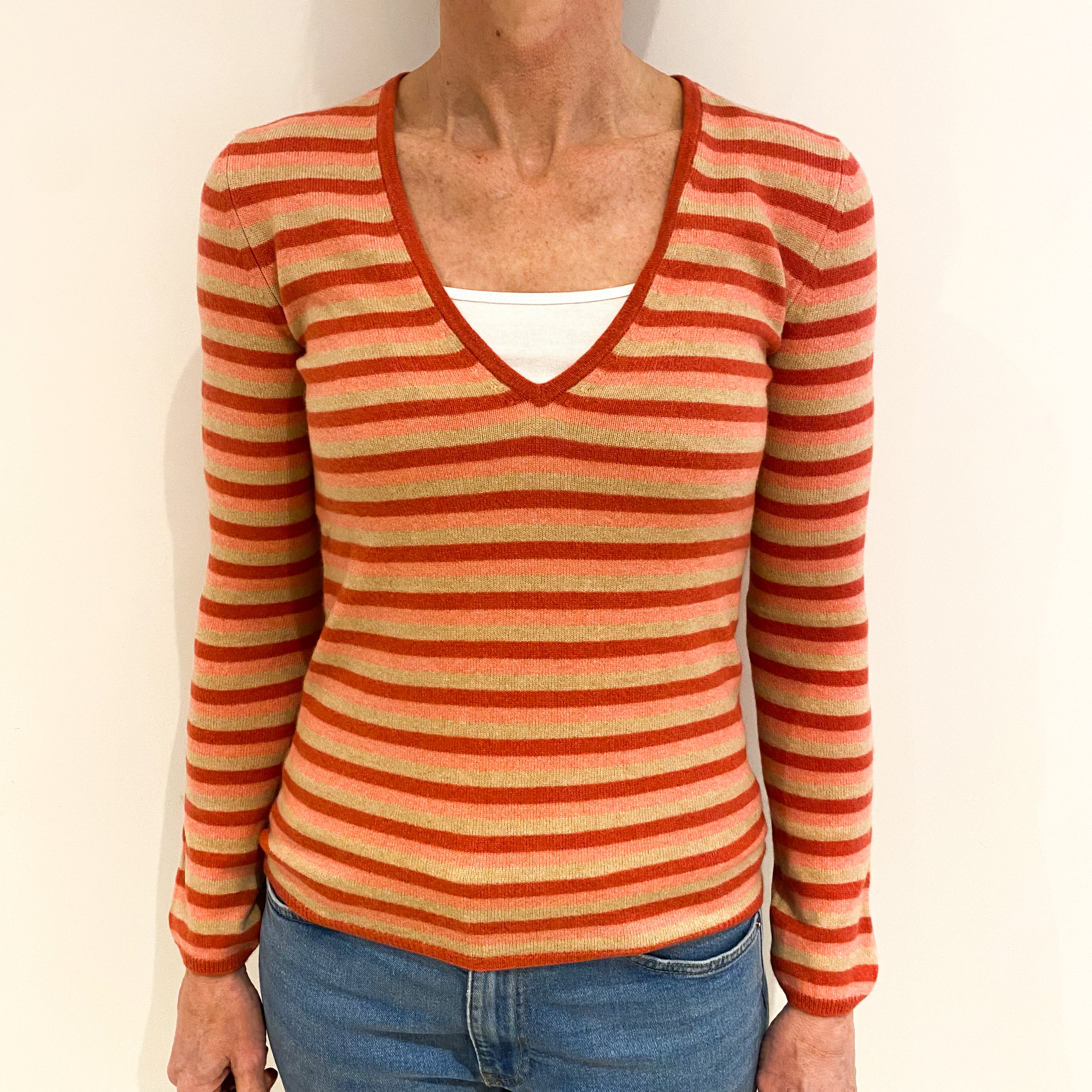 Crushed Strawberry And Beige Stripe Cashmere V Neck Jumper Small