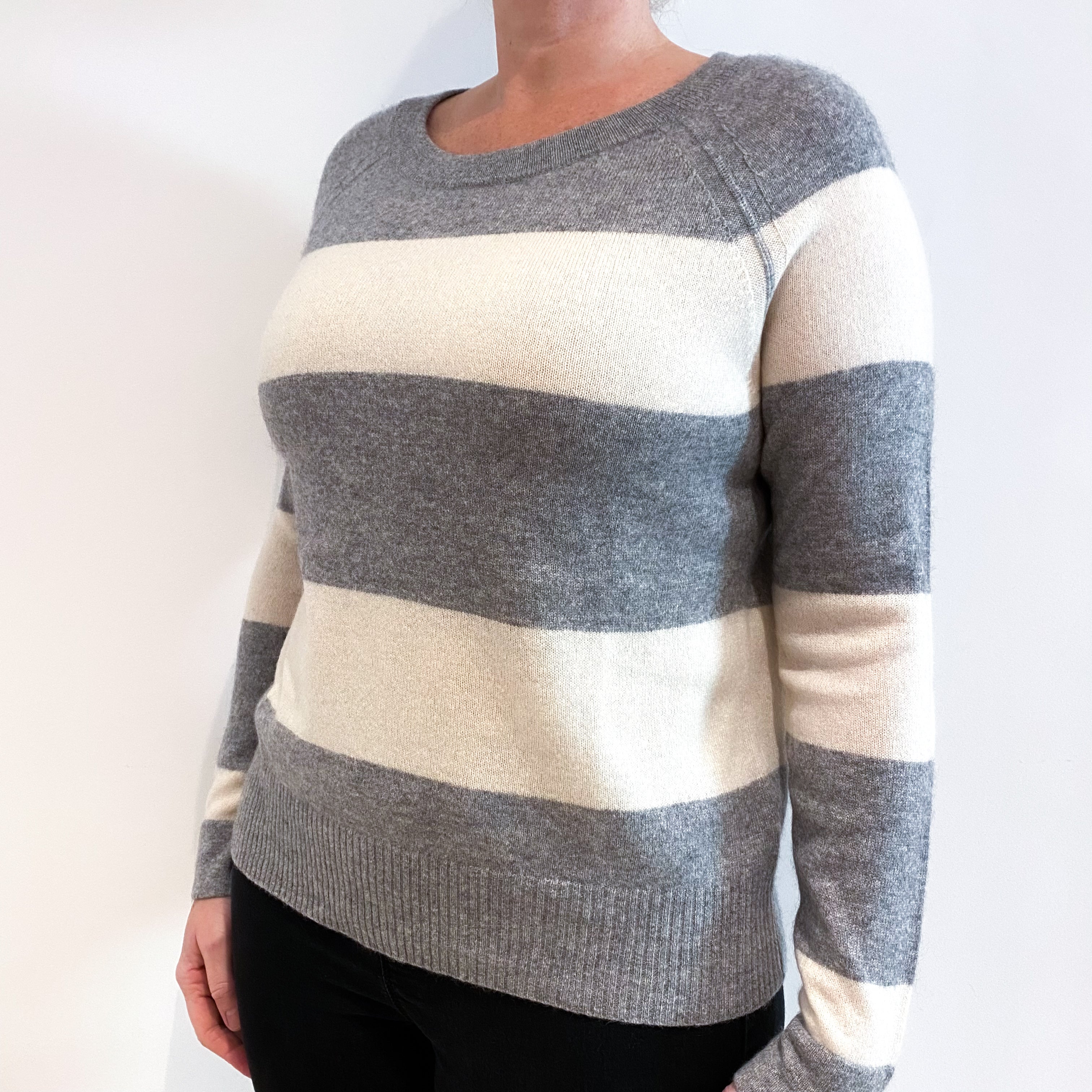 Ash Grey and Warm White Striped Cashmere Wide Crew Neck Jumper Large