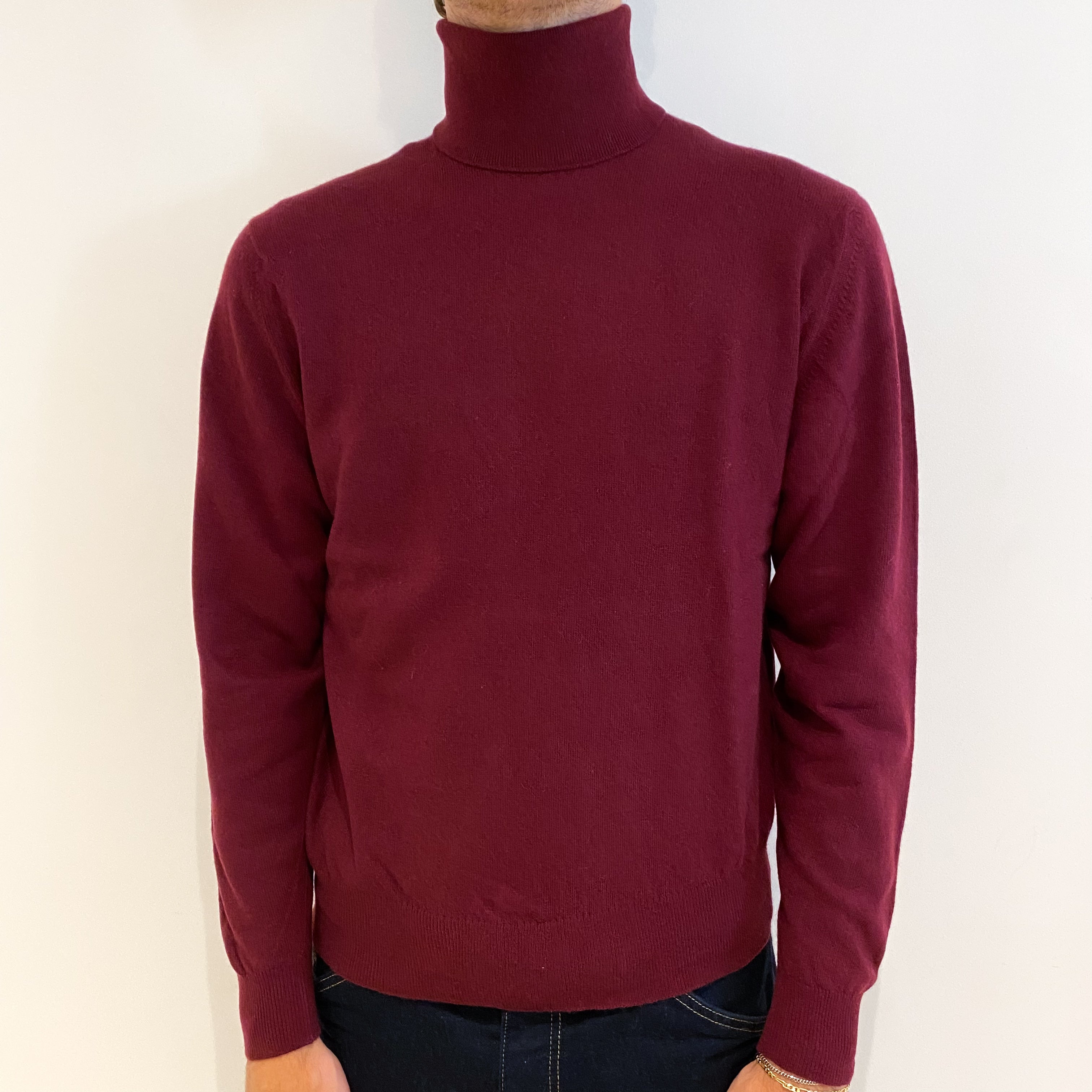 Men's Wine Red Cashmere Polo Neck Jumper Medium