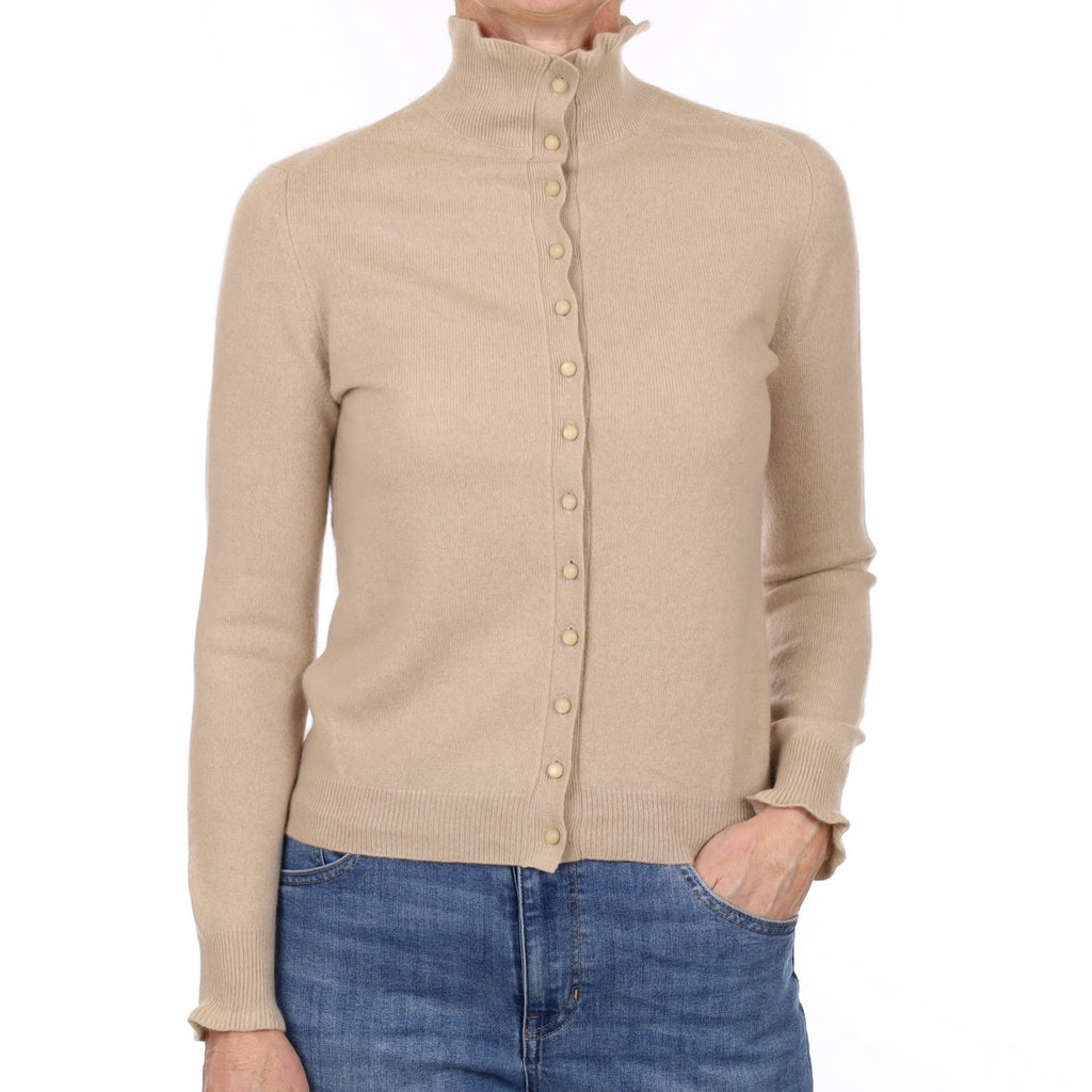 Fawn Beige Cashmere Ruffle Turtle Neck Cardigan Small