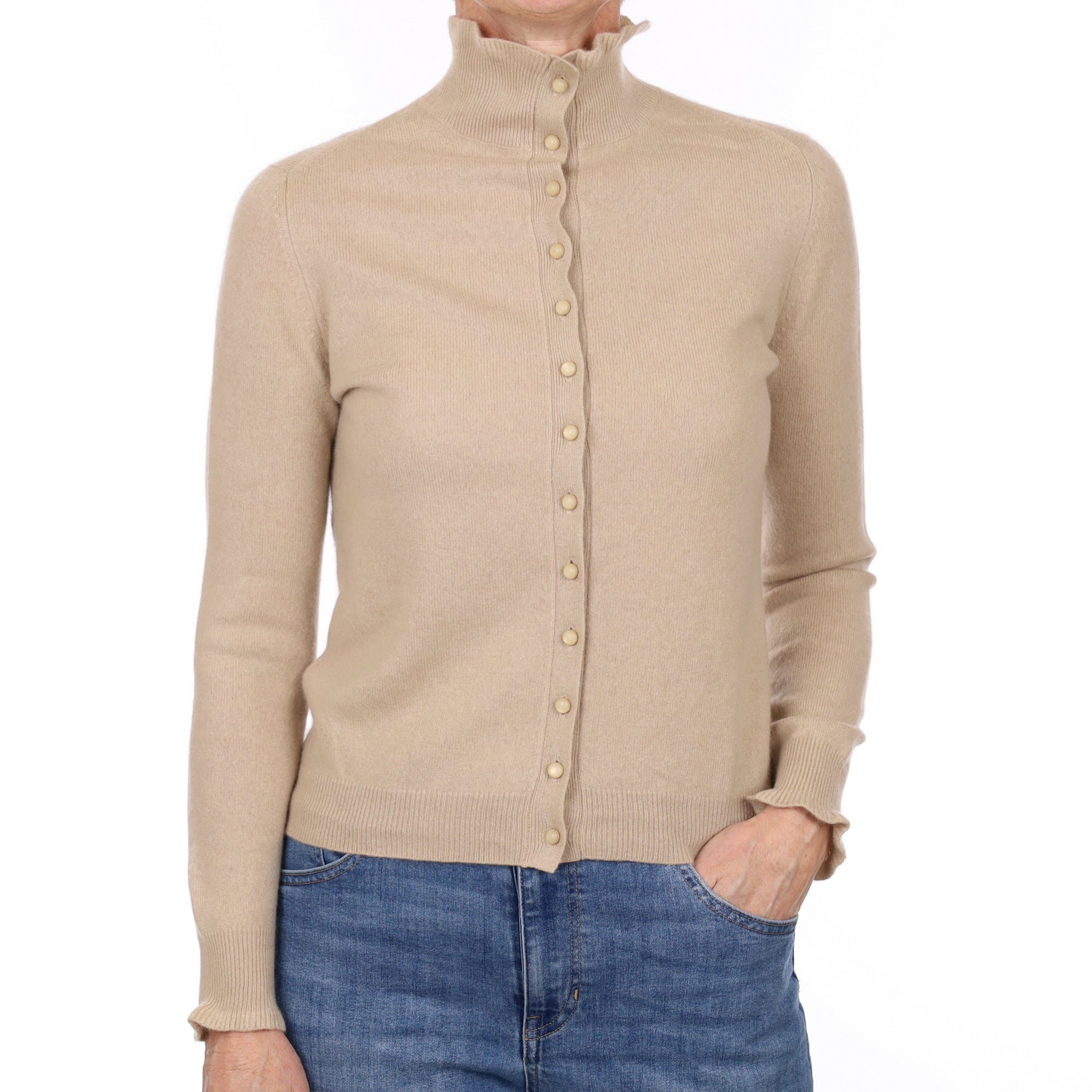 Fawn Beige Cashmere Ruffle Turtle Neck Cardigan Small