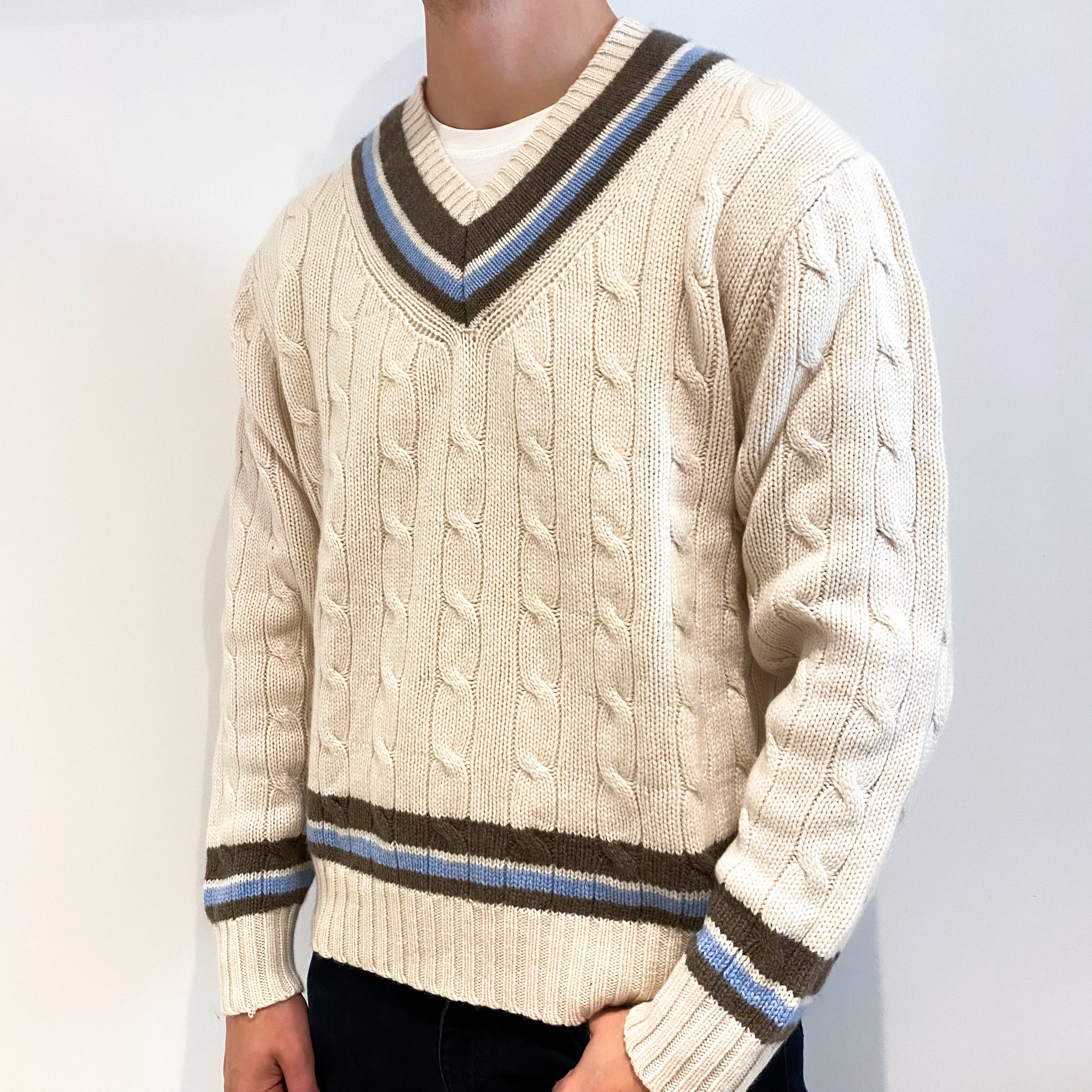 Men's Cream Cashmere Cricket Style Crew Neck Jumper Extra Large
