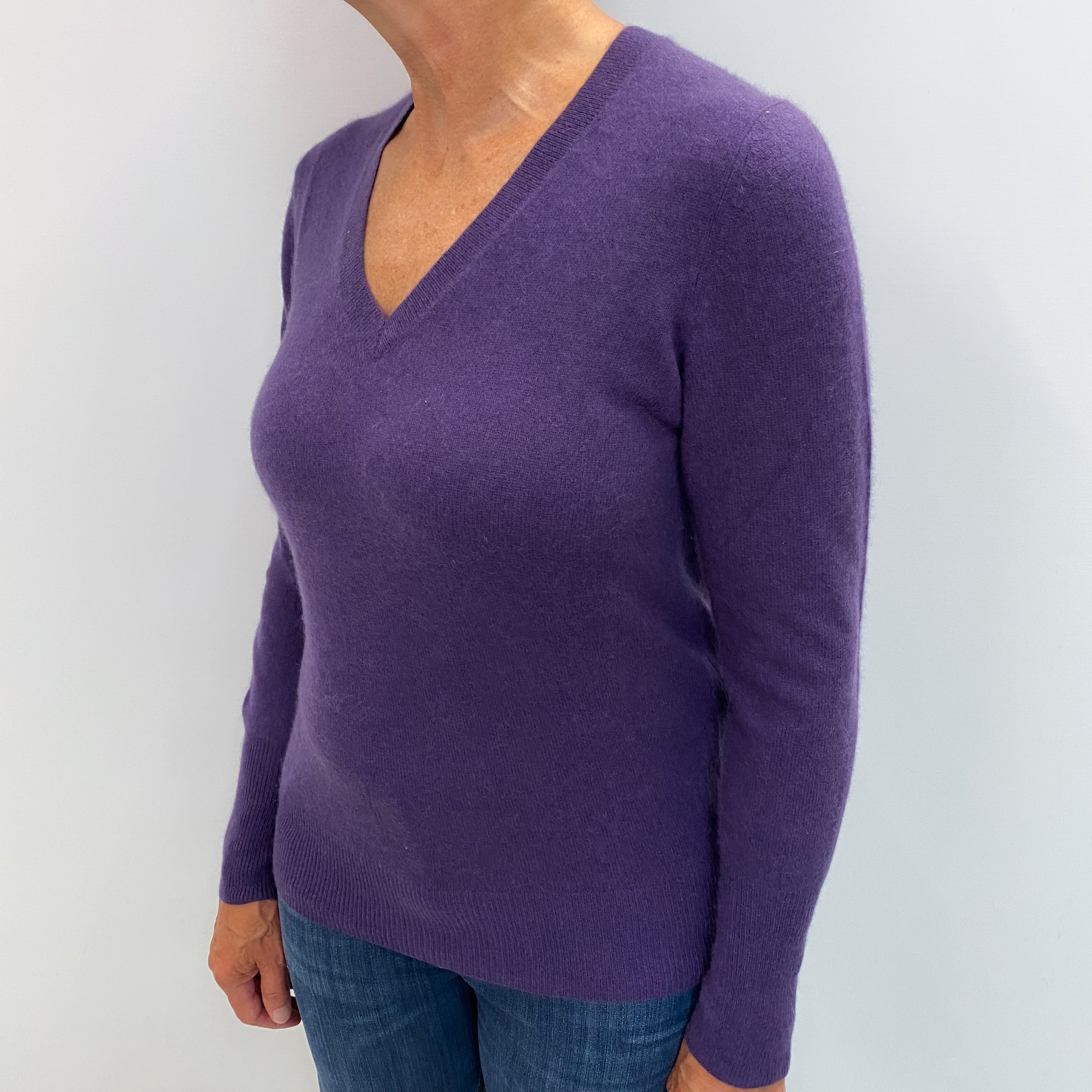 Blueberry Purple Cashmere V Neck Jumper Medium