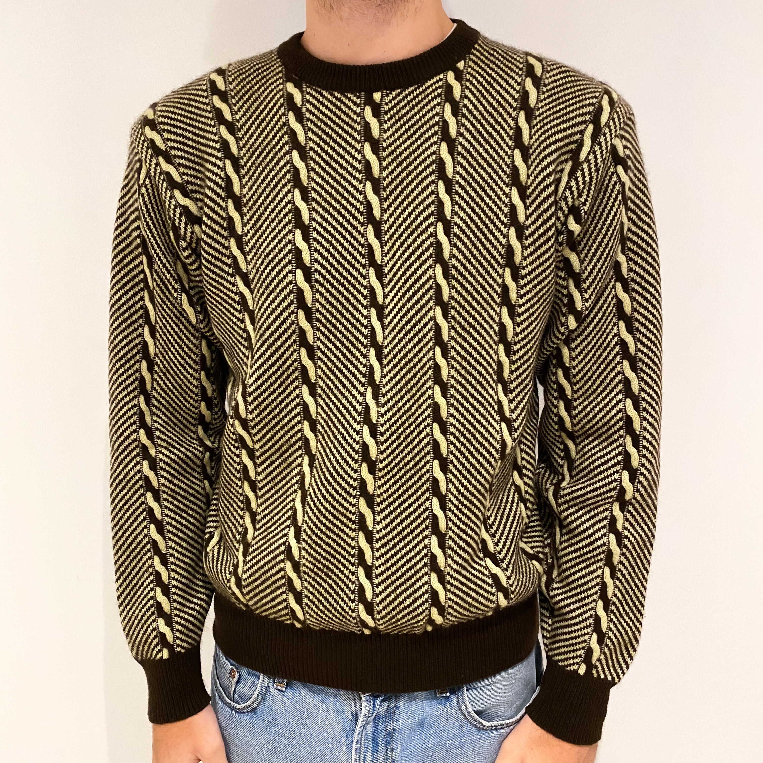 Men's Brown and Primrose Yellow Cashmere Crew Neck Jumper Large