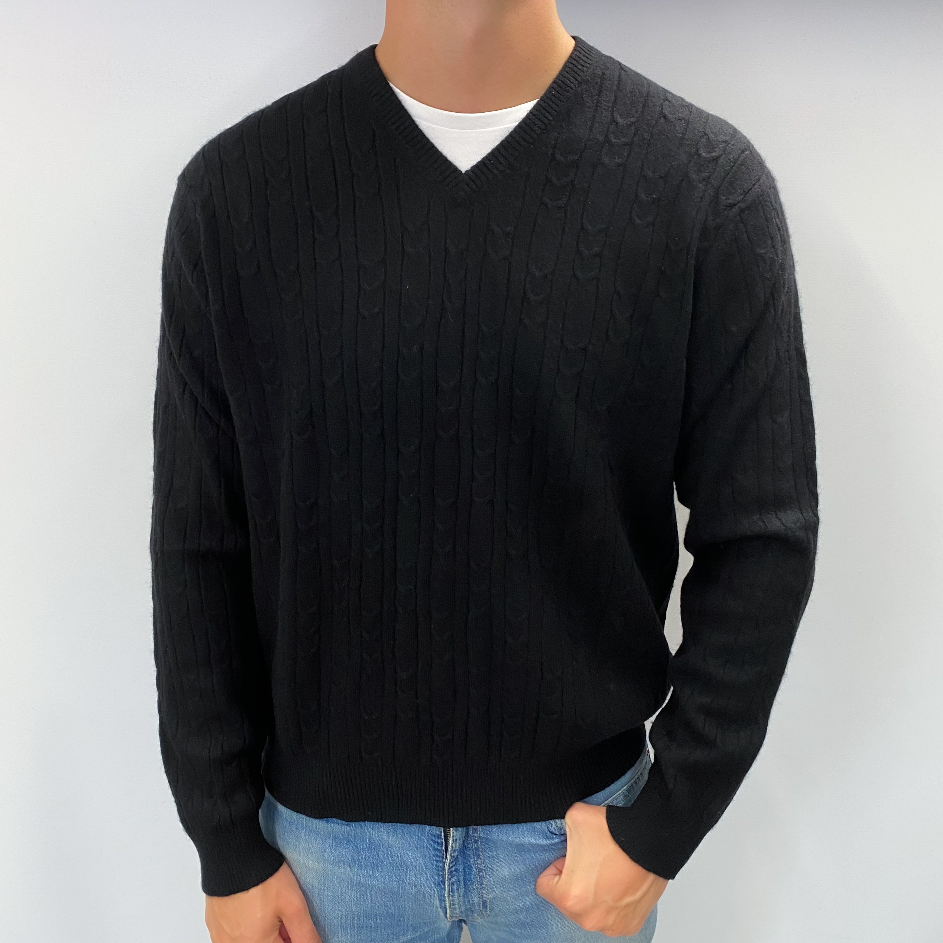 Men's Black Cashmere V Neck Cable Knit Jumper XL