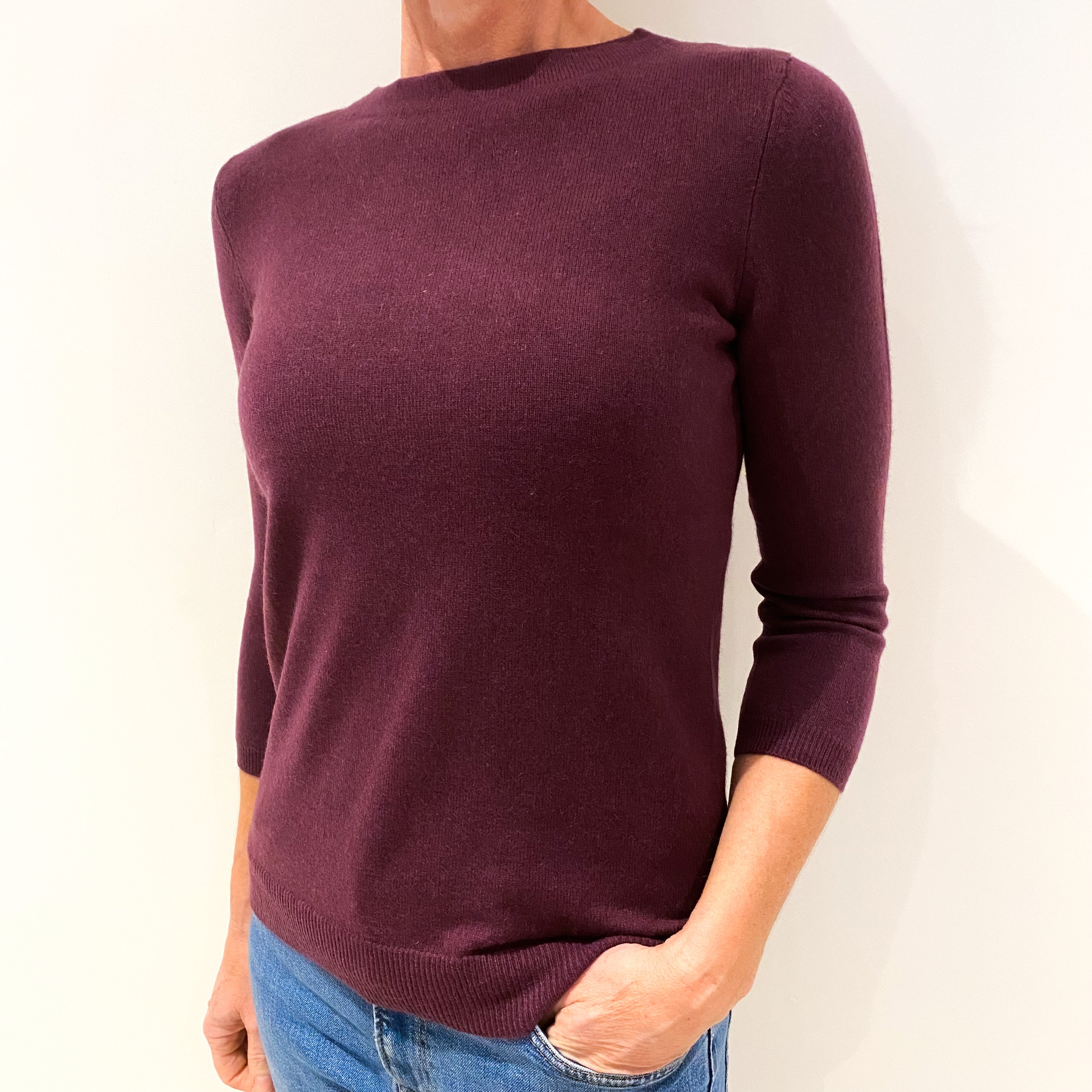 Deep Plum Purple Cashmere Crew Neck Jumper Small