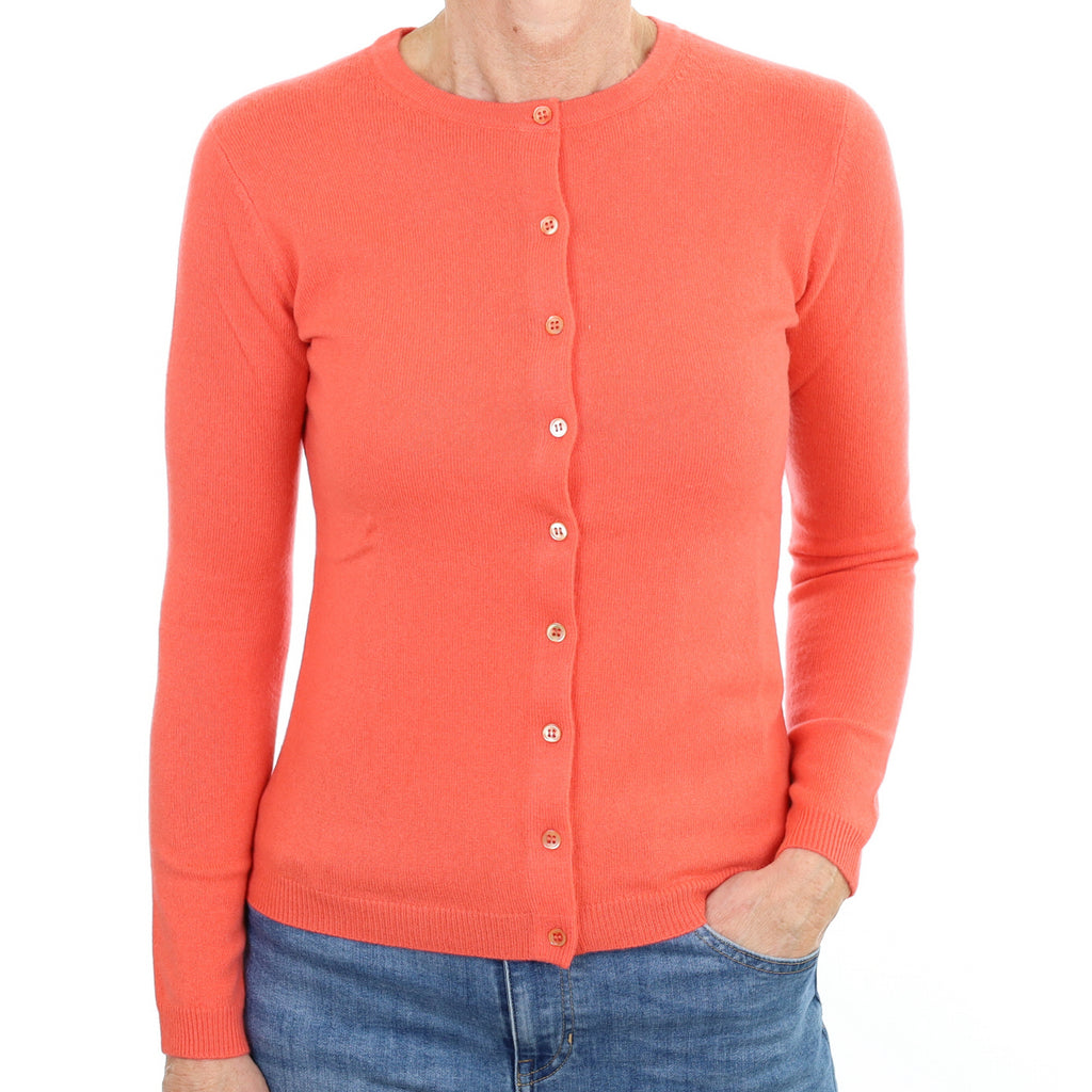 New Deep Coral Orange Cashmere Crew Neck Cardigan Small