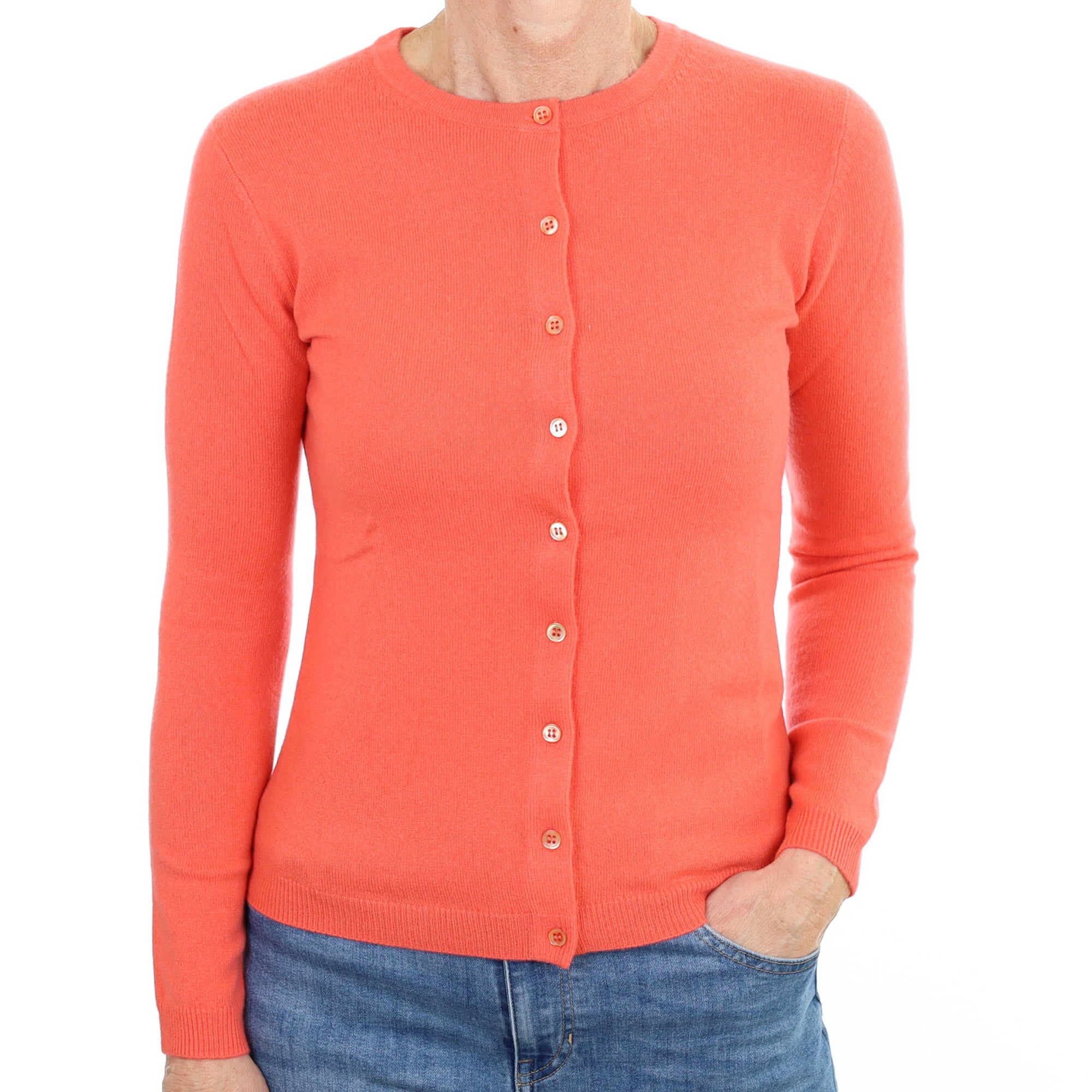 New Deep Coral Orange Cashmere Crew Neck Cardigan Small