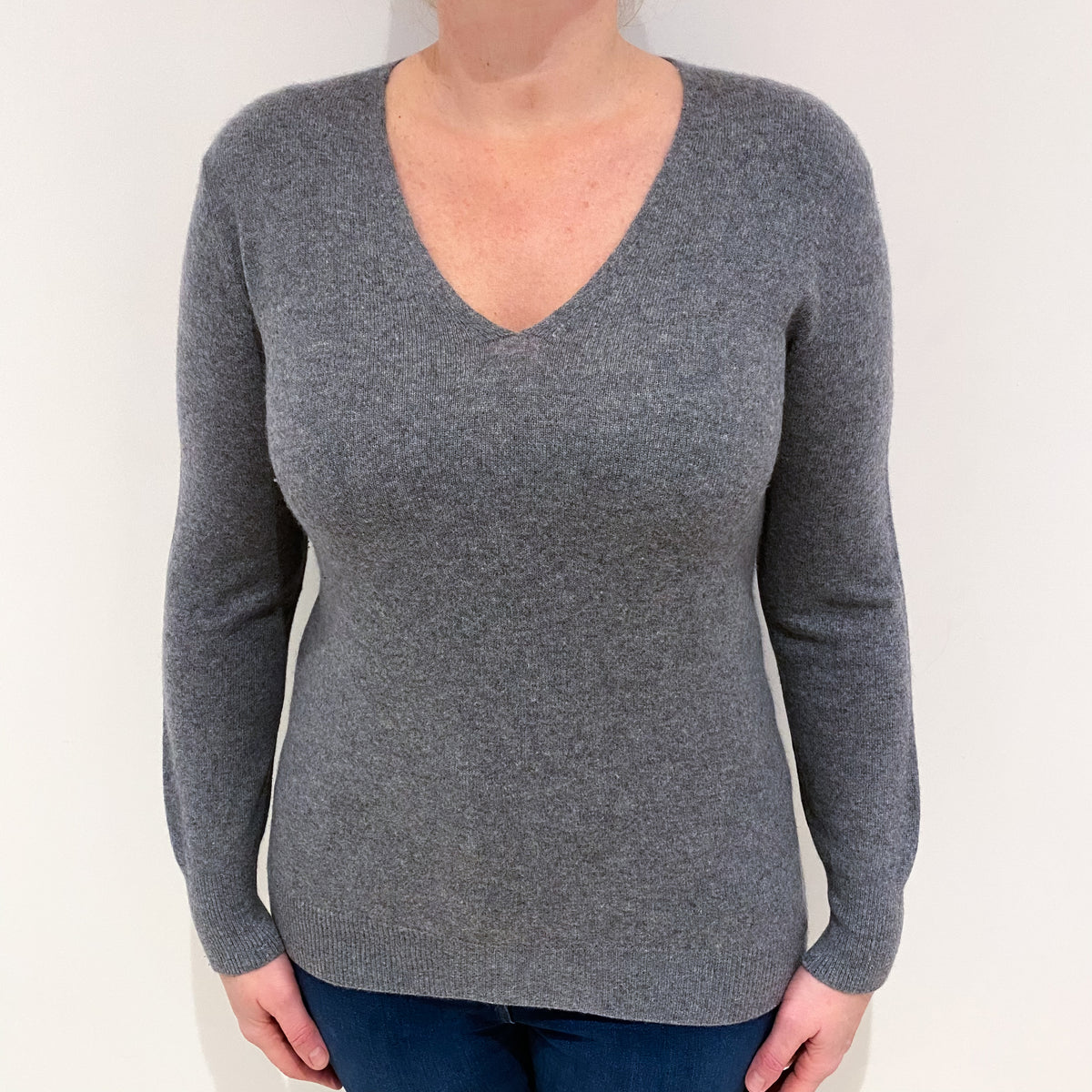 Slate Grey Cashmere V Neck Jumper Large