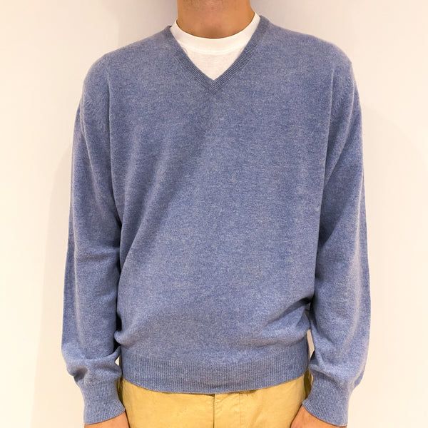 Men's Sky Blue Cashmere V-Neck Jumper Large