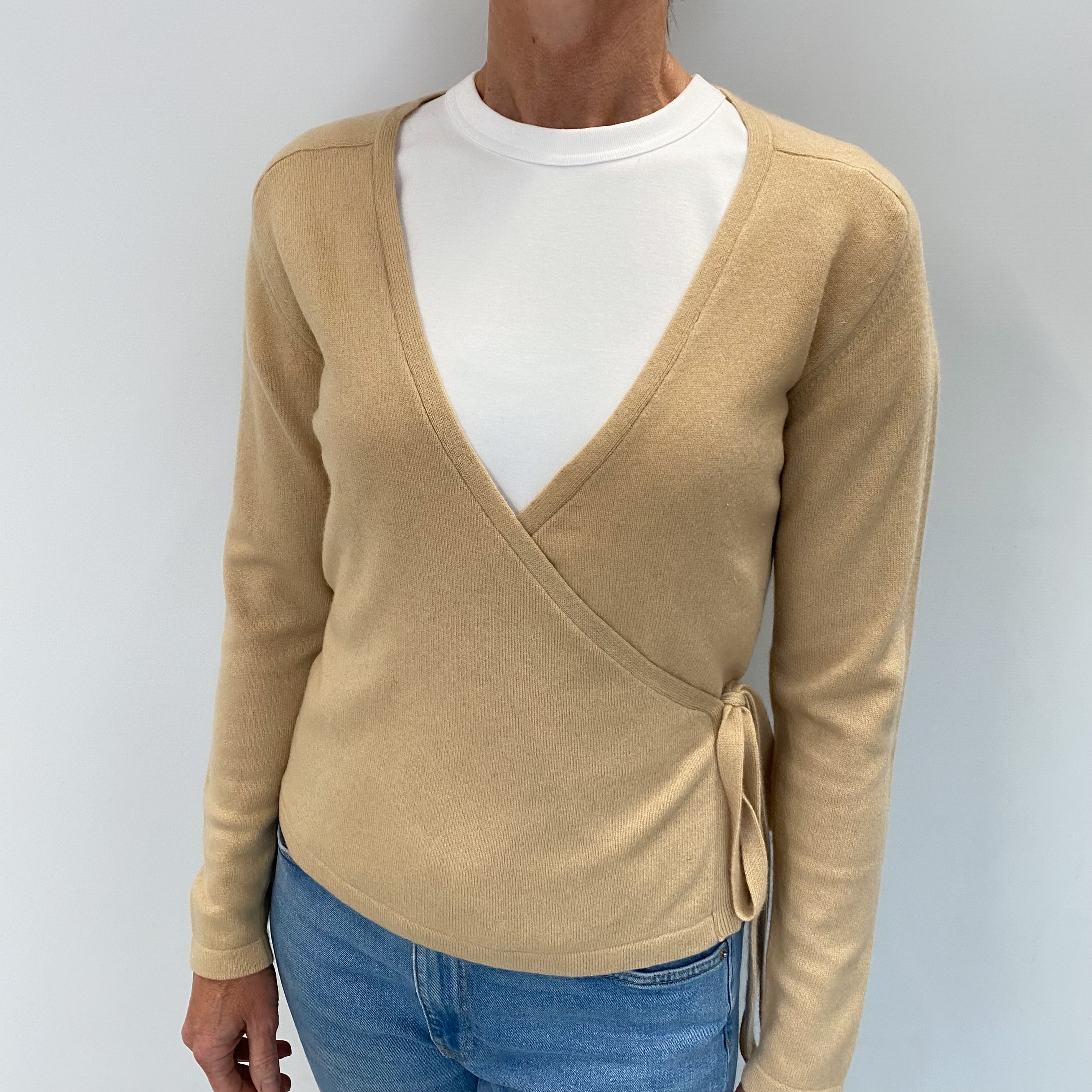 Sand Beige Cashmere V Neck Tie Wrap Cardigan Small