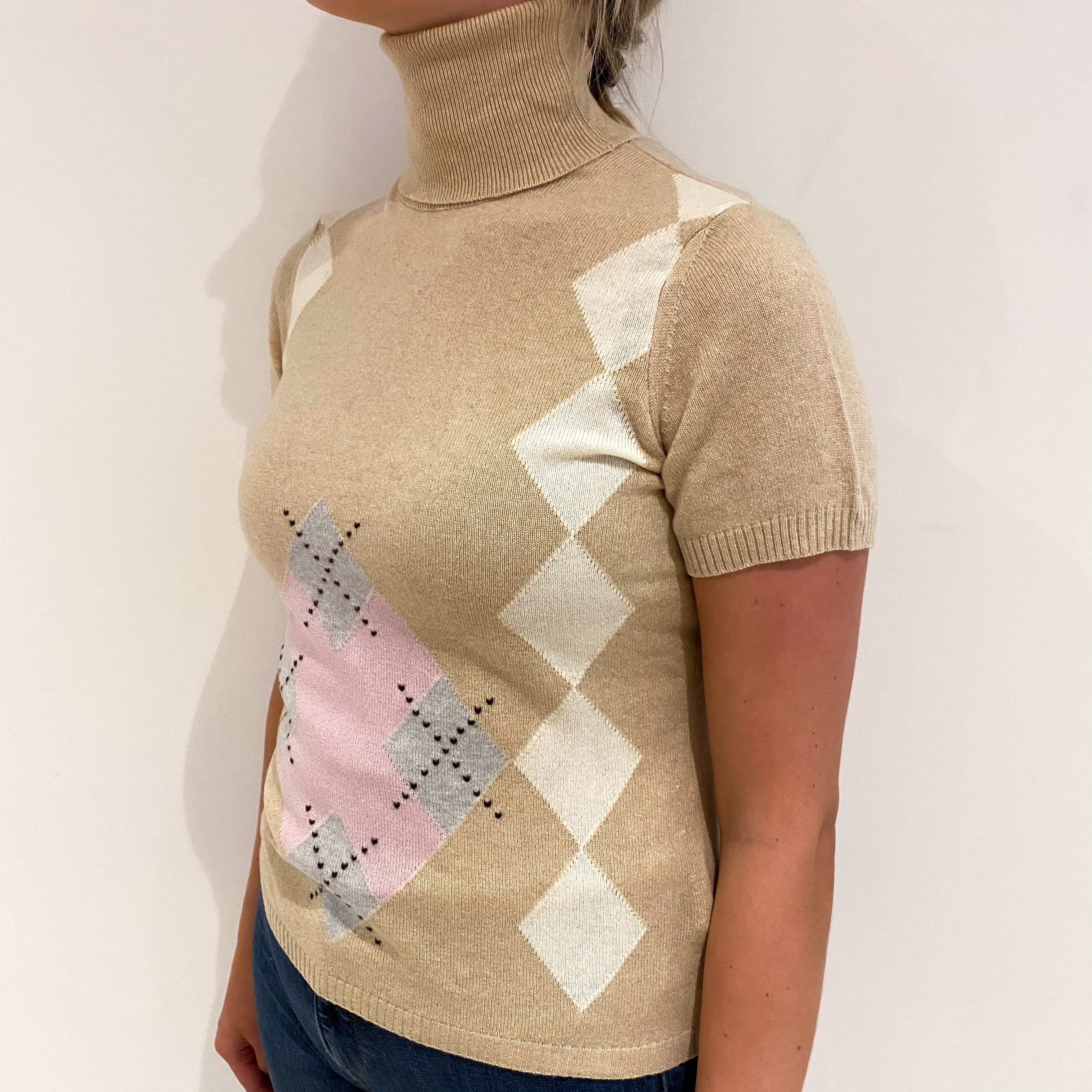 Sand Beige Cashmere Polo Neck Short Sleeved Jumper Small