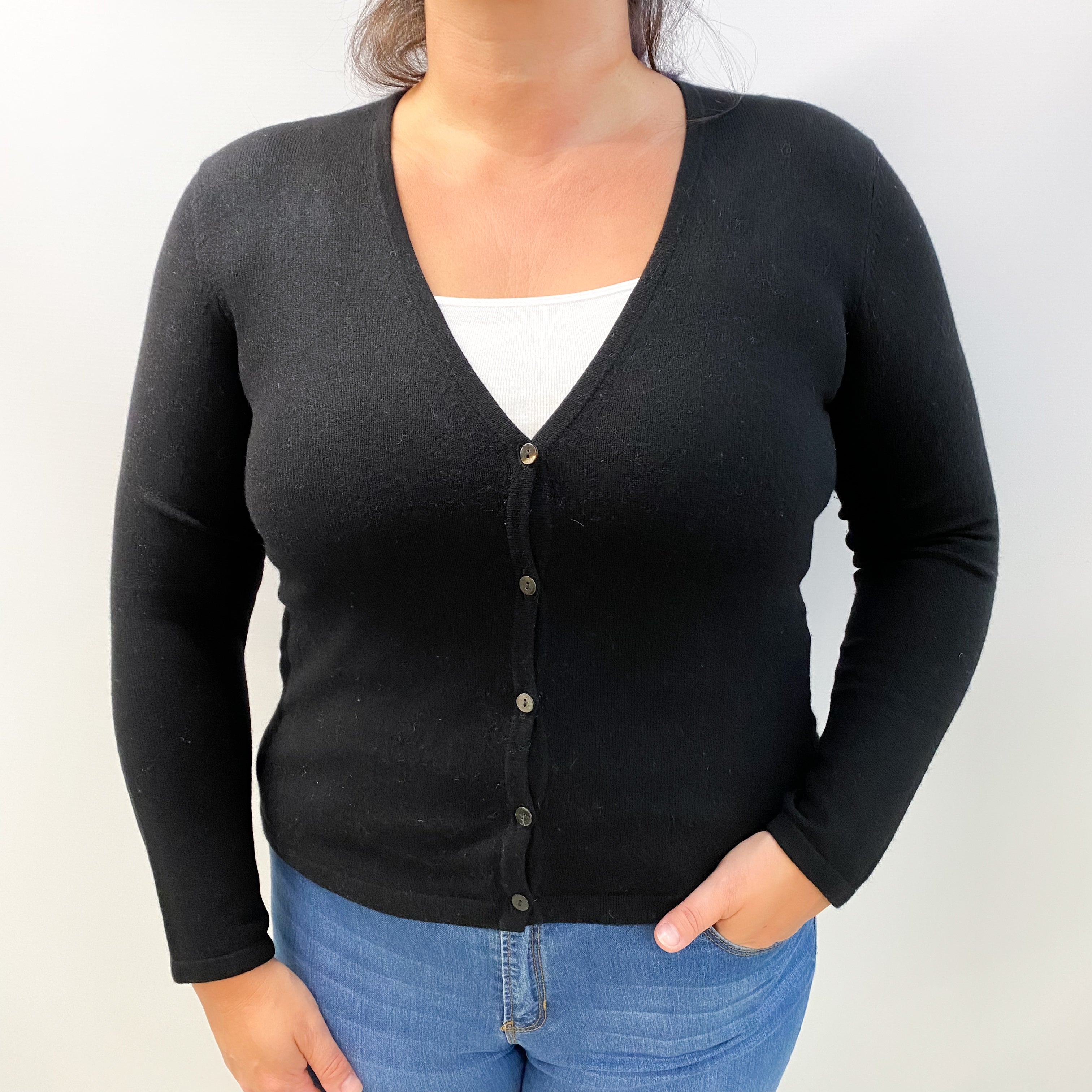 Black Cashmere V Neck Cardigan Large