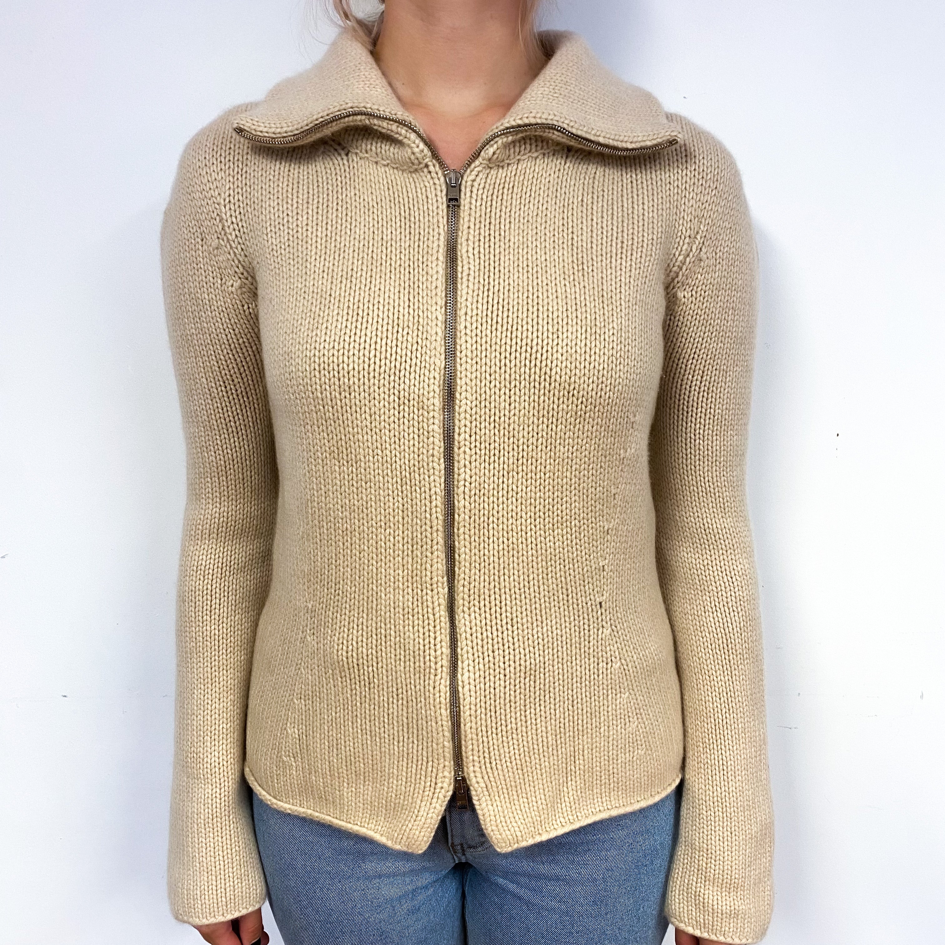 Gentryportofino Pale Beige Chunky Cashmere Zip Cardigan Small