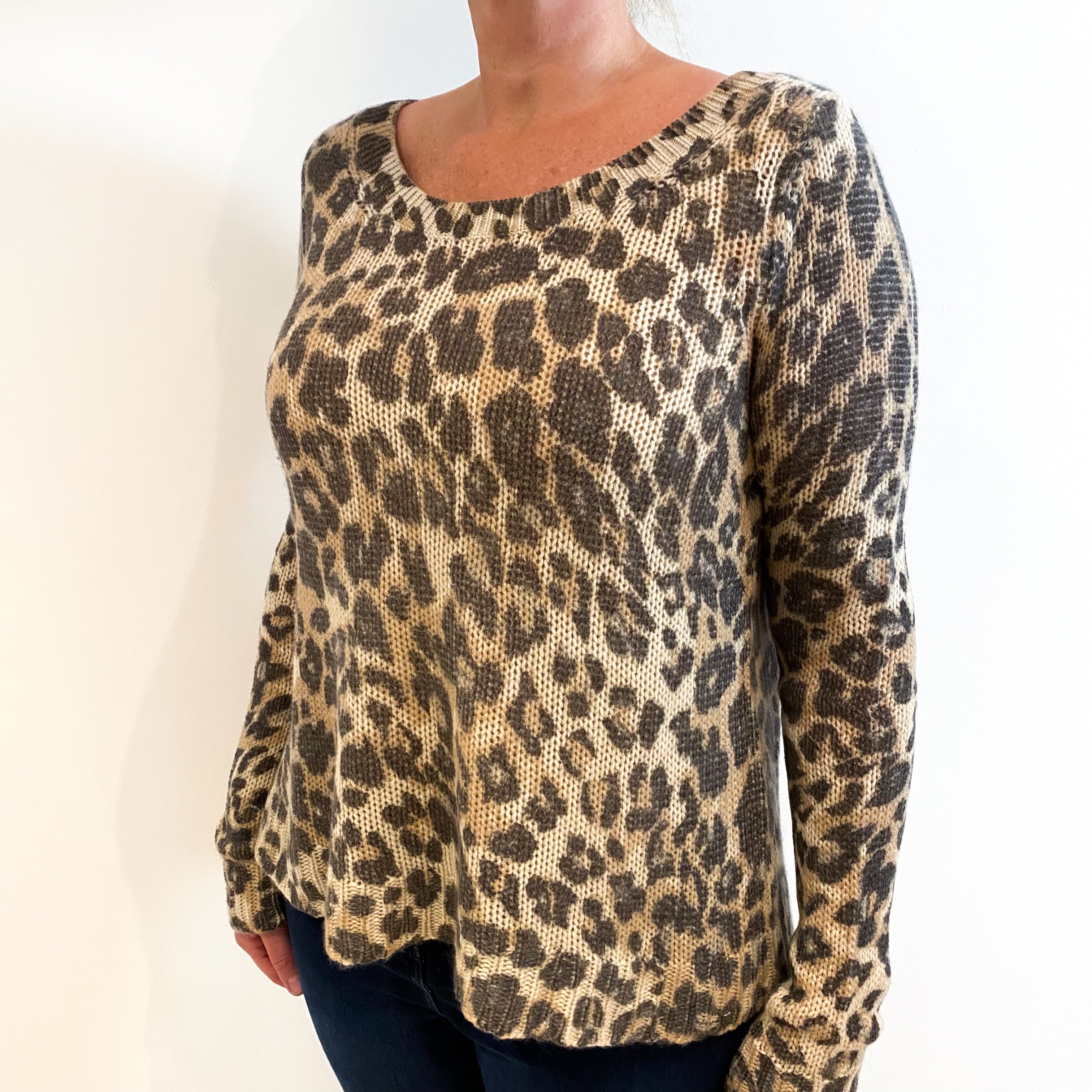 Leopard Print Chunky Knit Cashmere Crew Neck Jumper Large