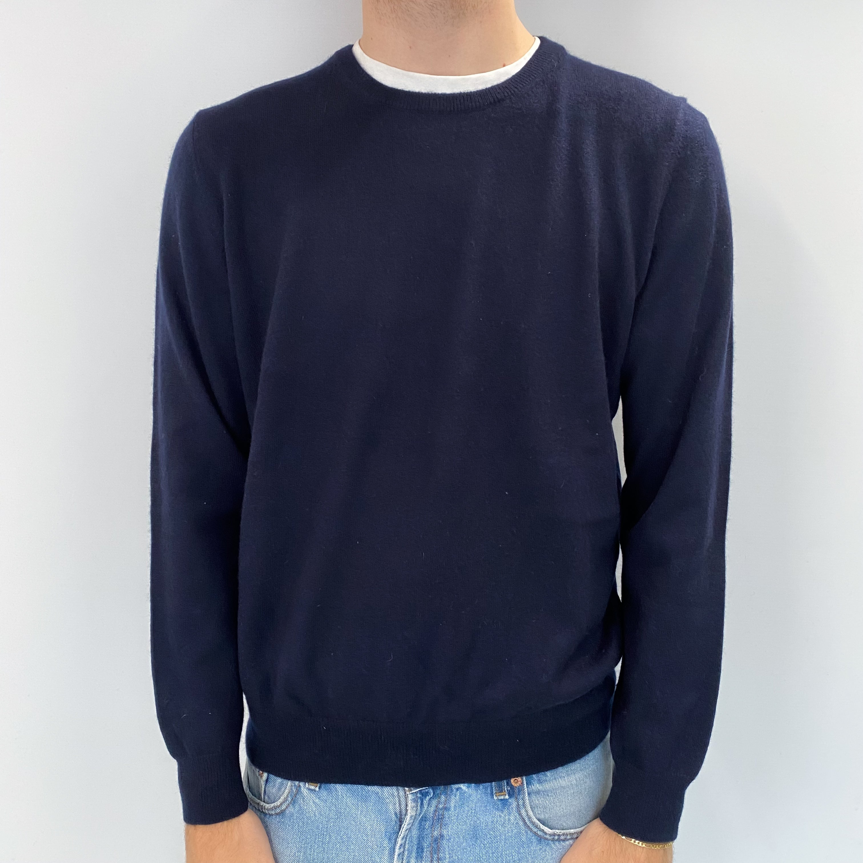 Men's Dark Navy Cashmere Crew Neck Jumper Large