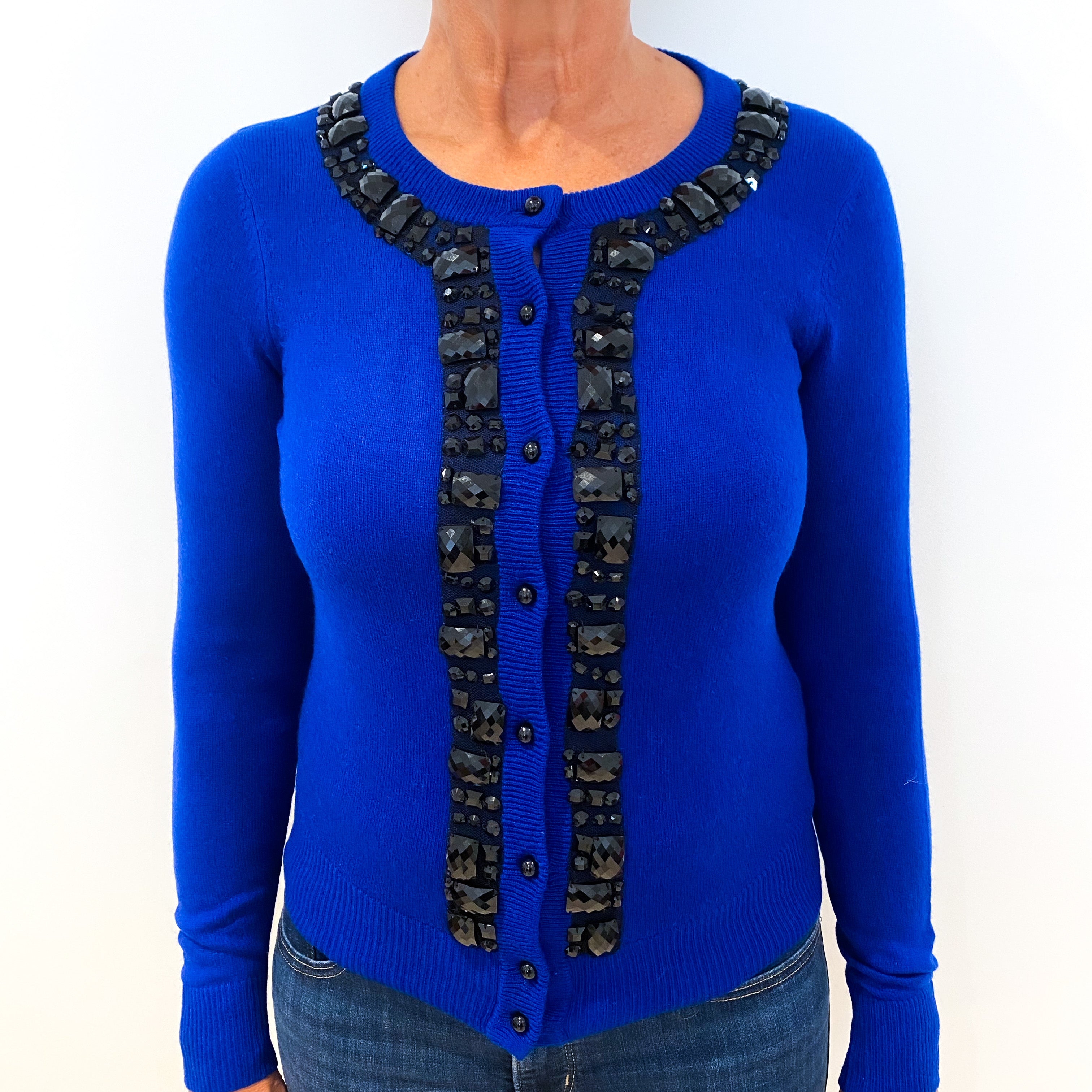 Royal Blue Embellished Cashmere Crew Neck Cardigan Medium