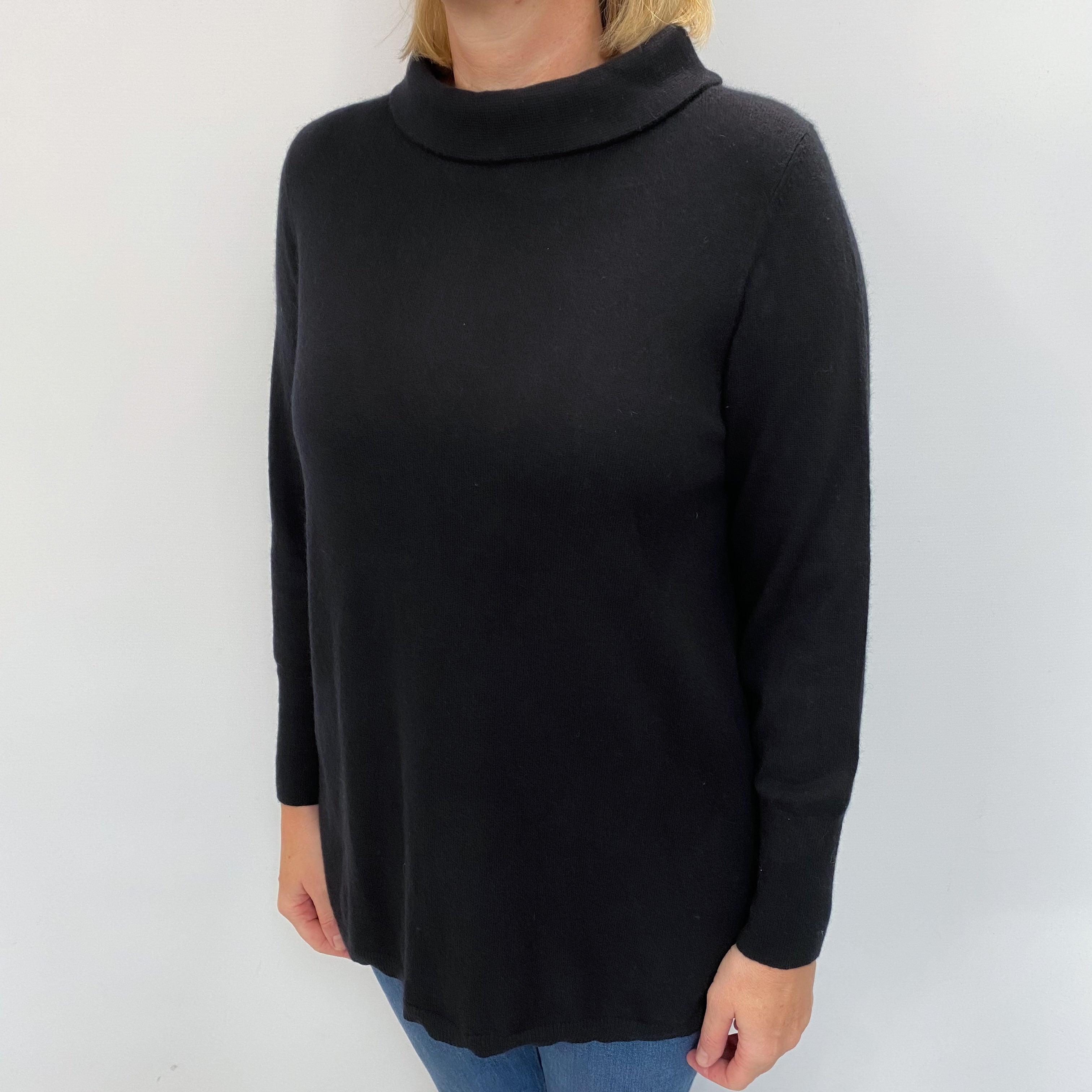 Black Cashmere Roll Neck Longline Jumper Large