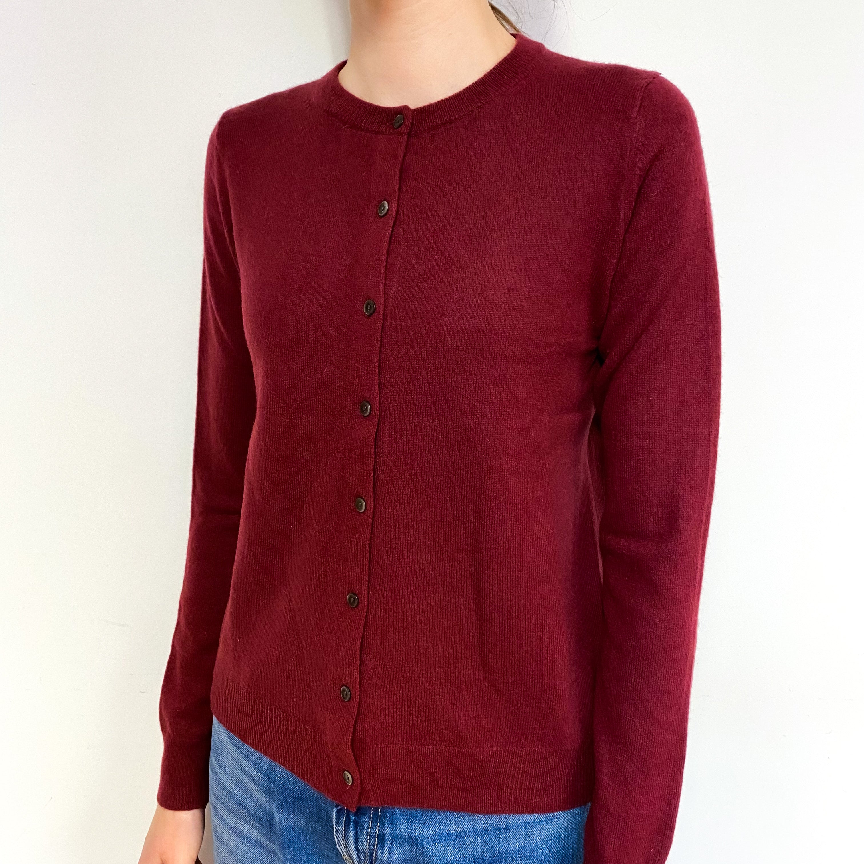 Burgundy Red Cashmere Crew Neck Cardigan Extra Small