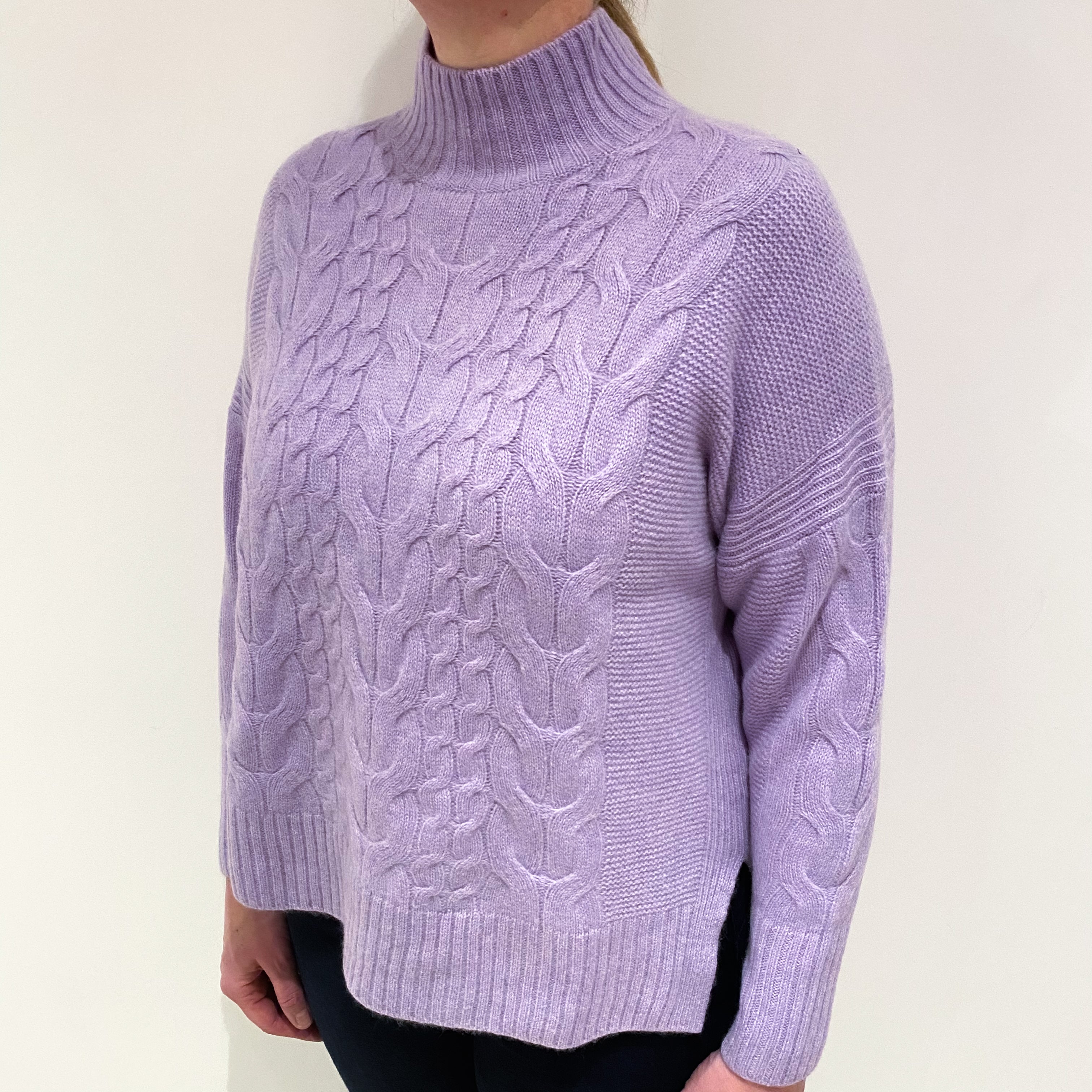 Lavender Purple Cable Cashmere Turtle Neck Jumper Large