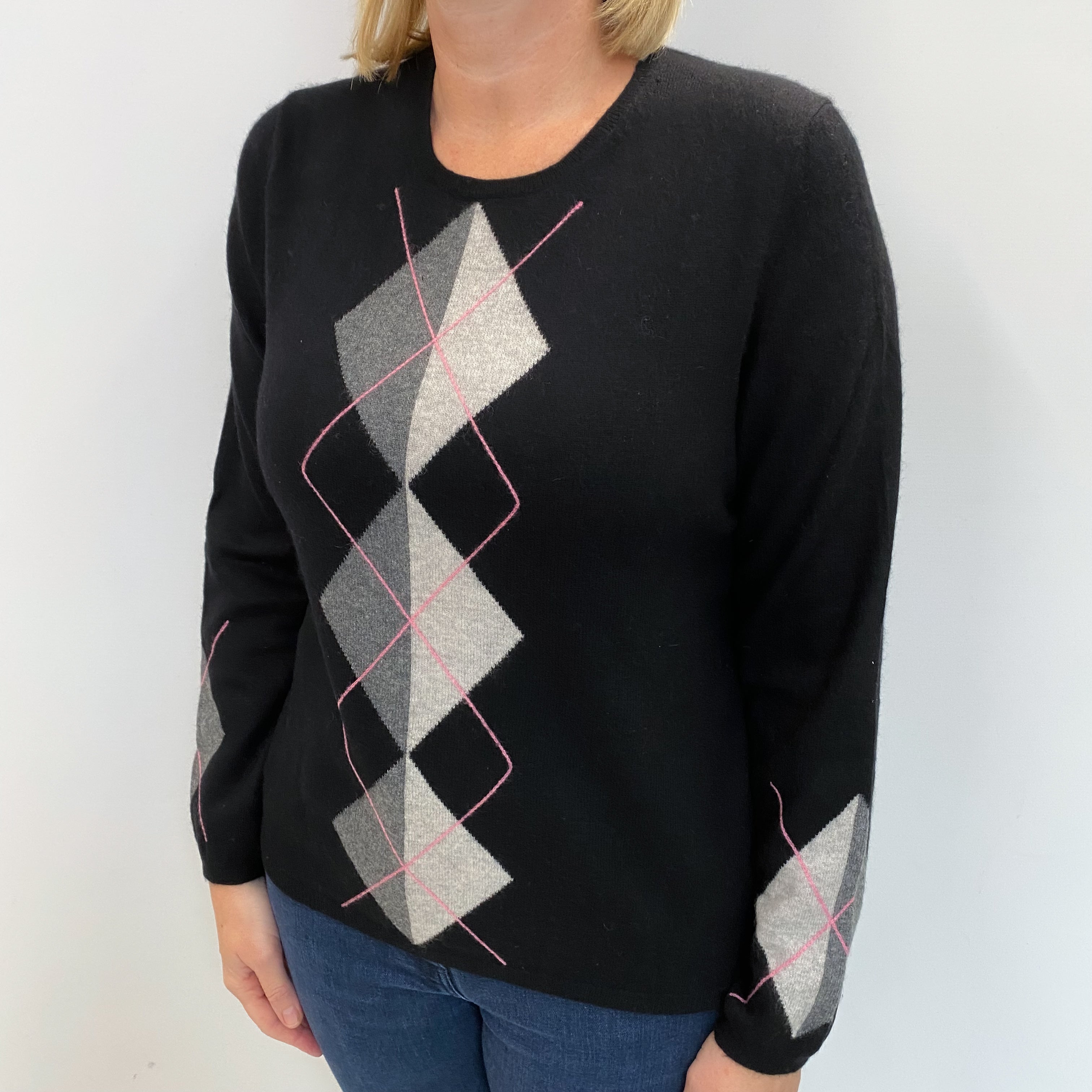 Black Argyle Patterned Cashmere Crew Neck Jumper Large
