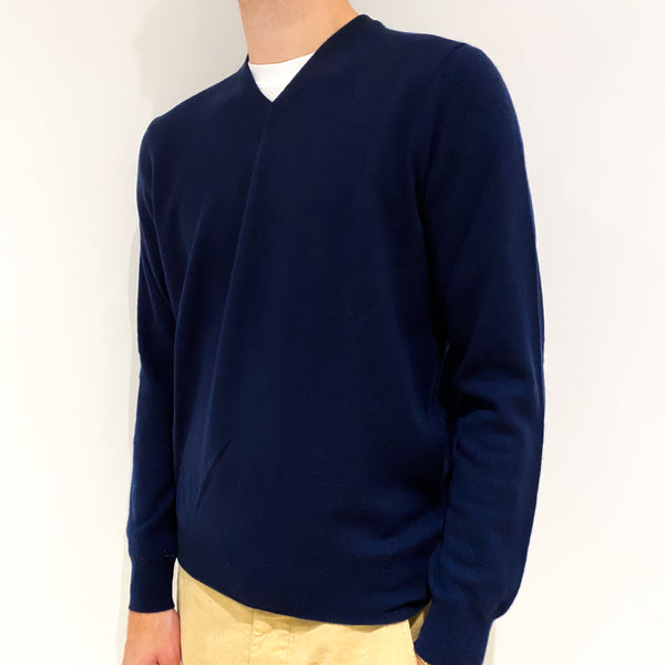 Men's Navy Blue Cashmere V-Neck Jumper Large