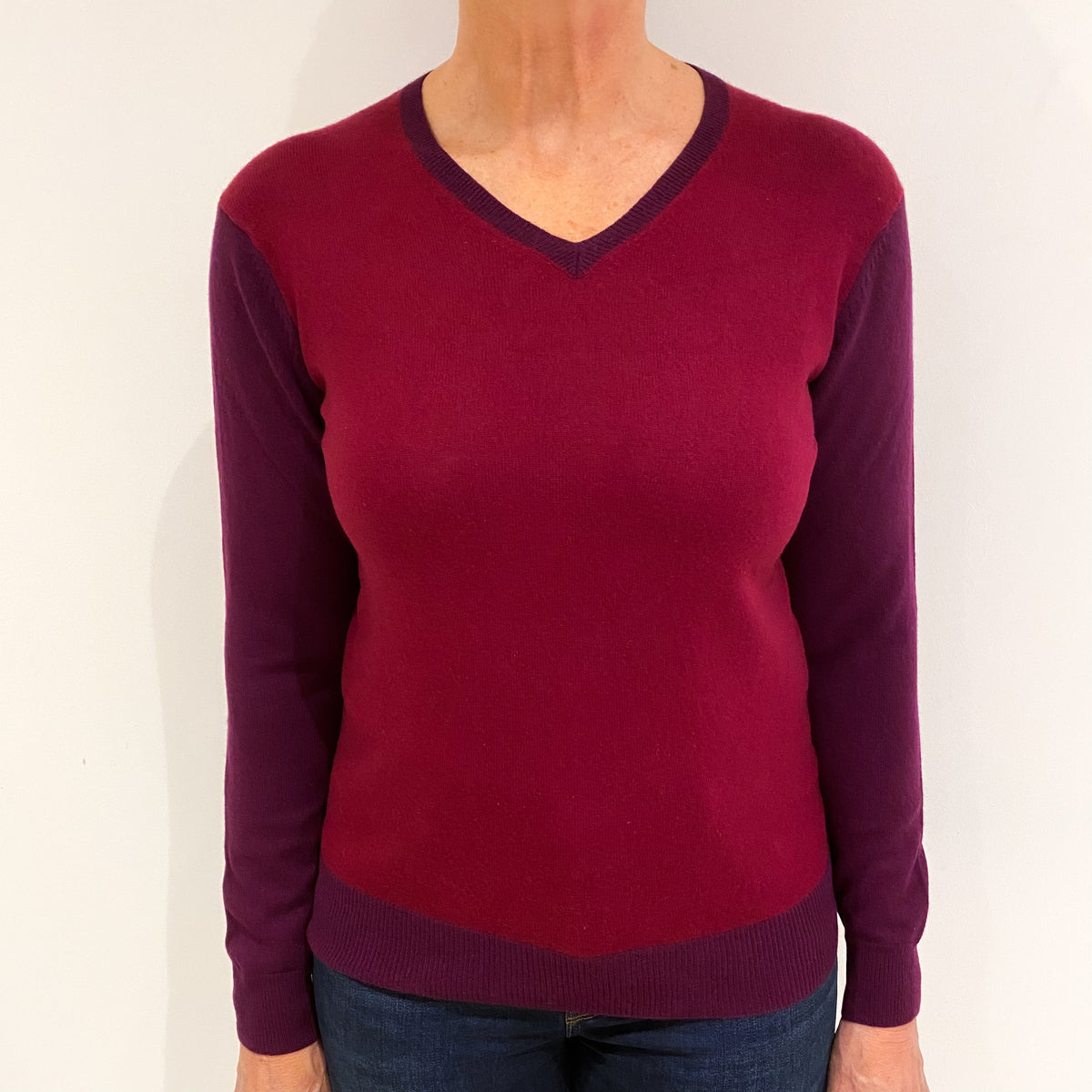 Burgundy and Plum Purple Cashmere V Neck Jumper Medium