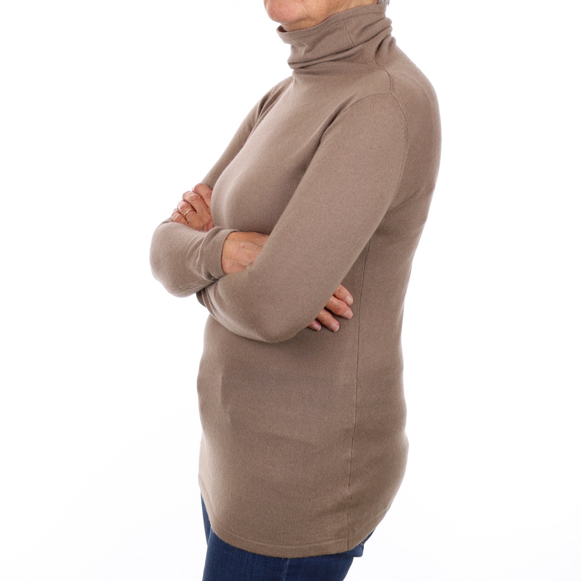 Taupe Brown Cashmere Longline Funnel Neck Jumper Medium
