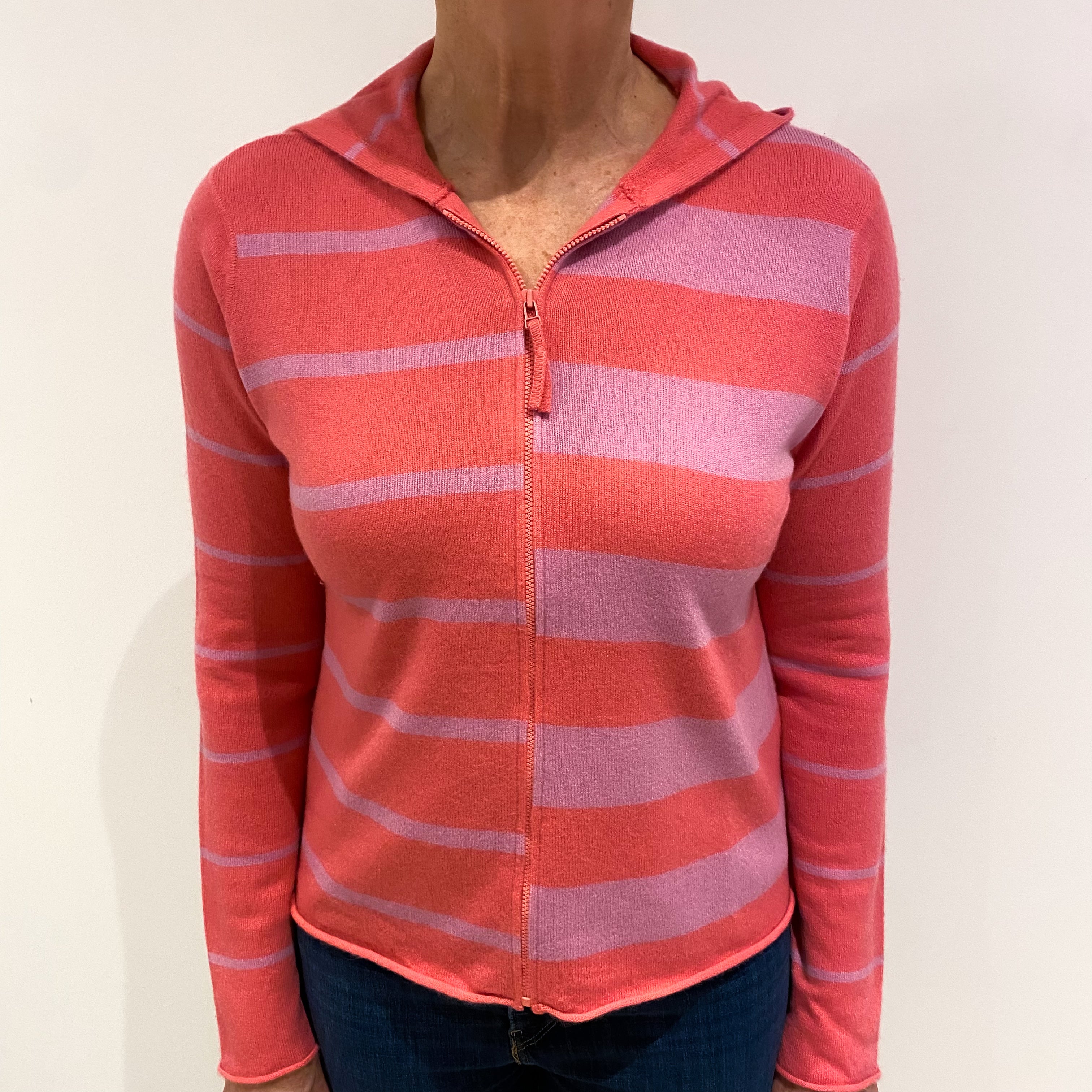 Pink Striped Cashmere Zip Up Hoodie Medium
