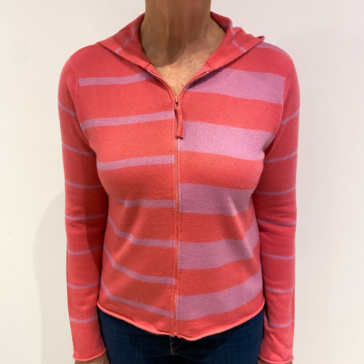 Pink Striped Cashmere Zip Up Hoodie Medium