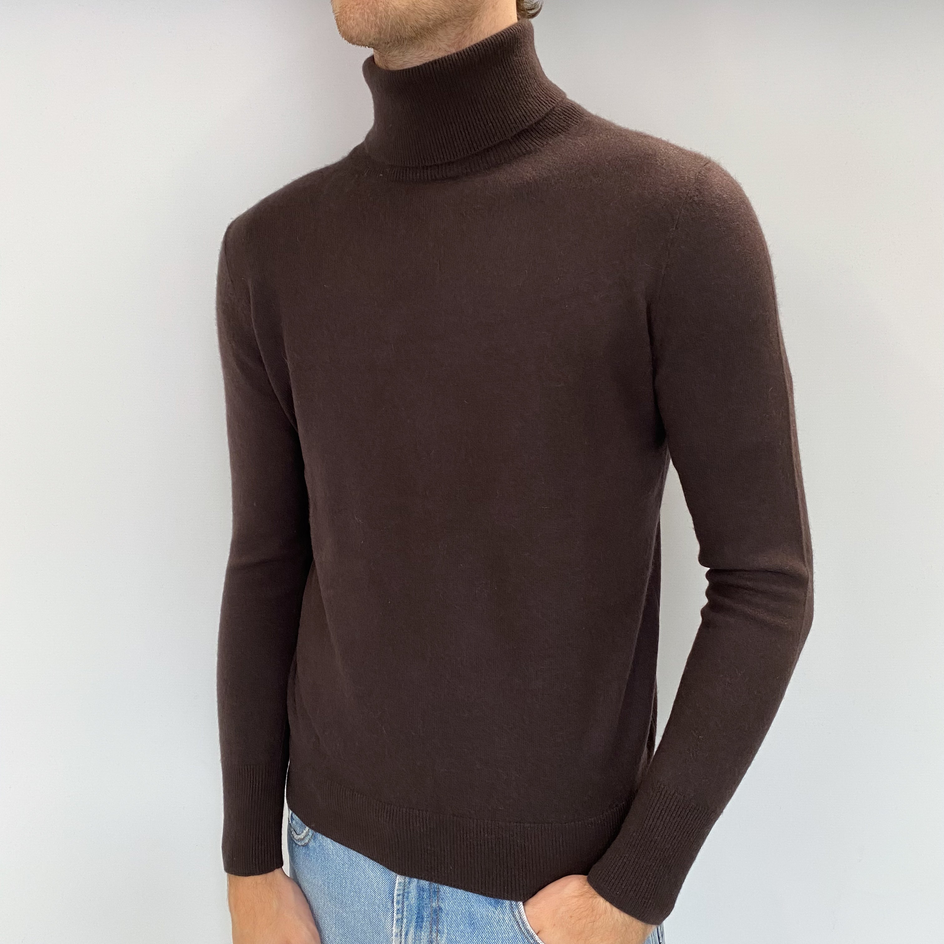 Men's Dark Chocolate Cashmere Polo Neck Jumper Medium