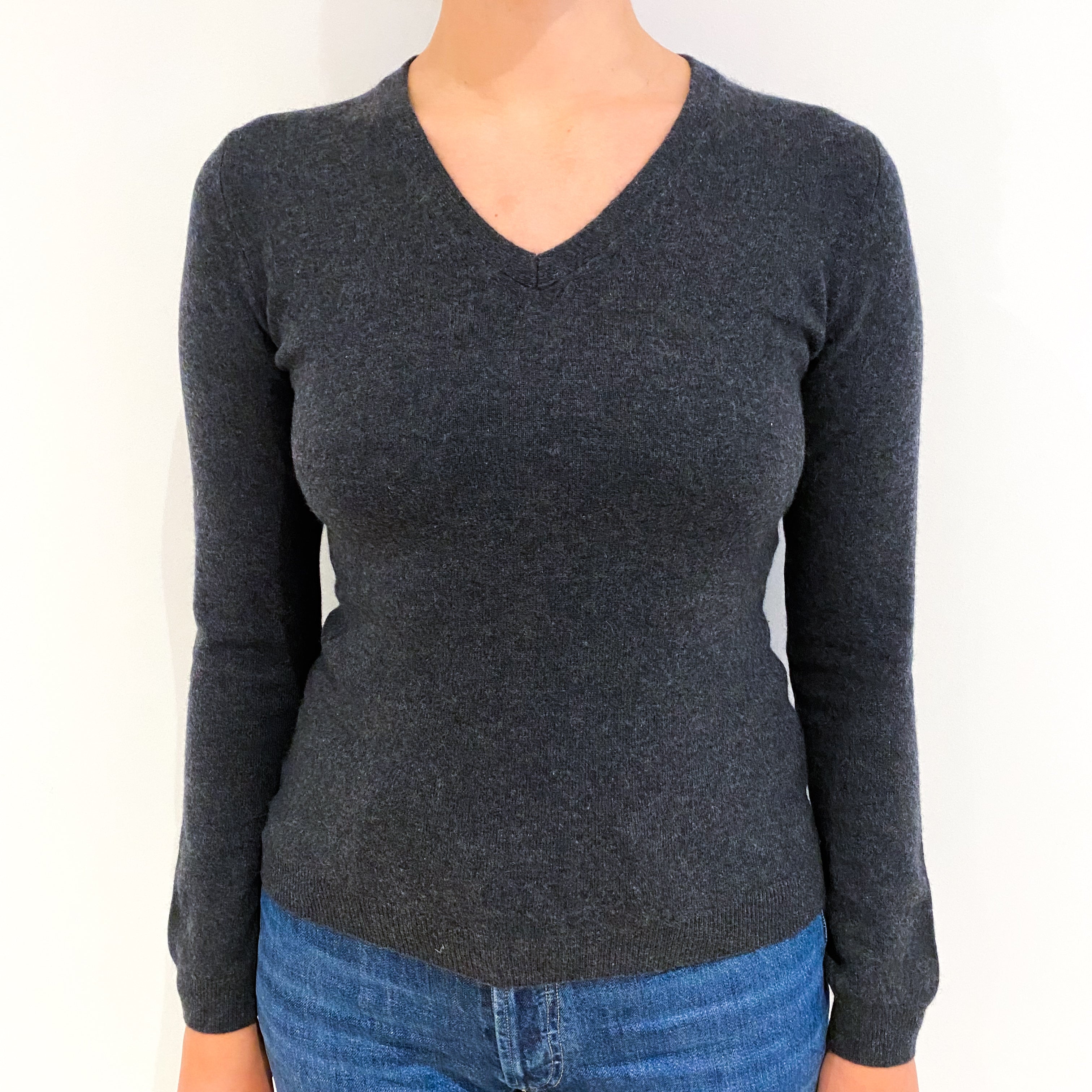 Dark Slate Grey Cashmere V-Neck Jumper Small