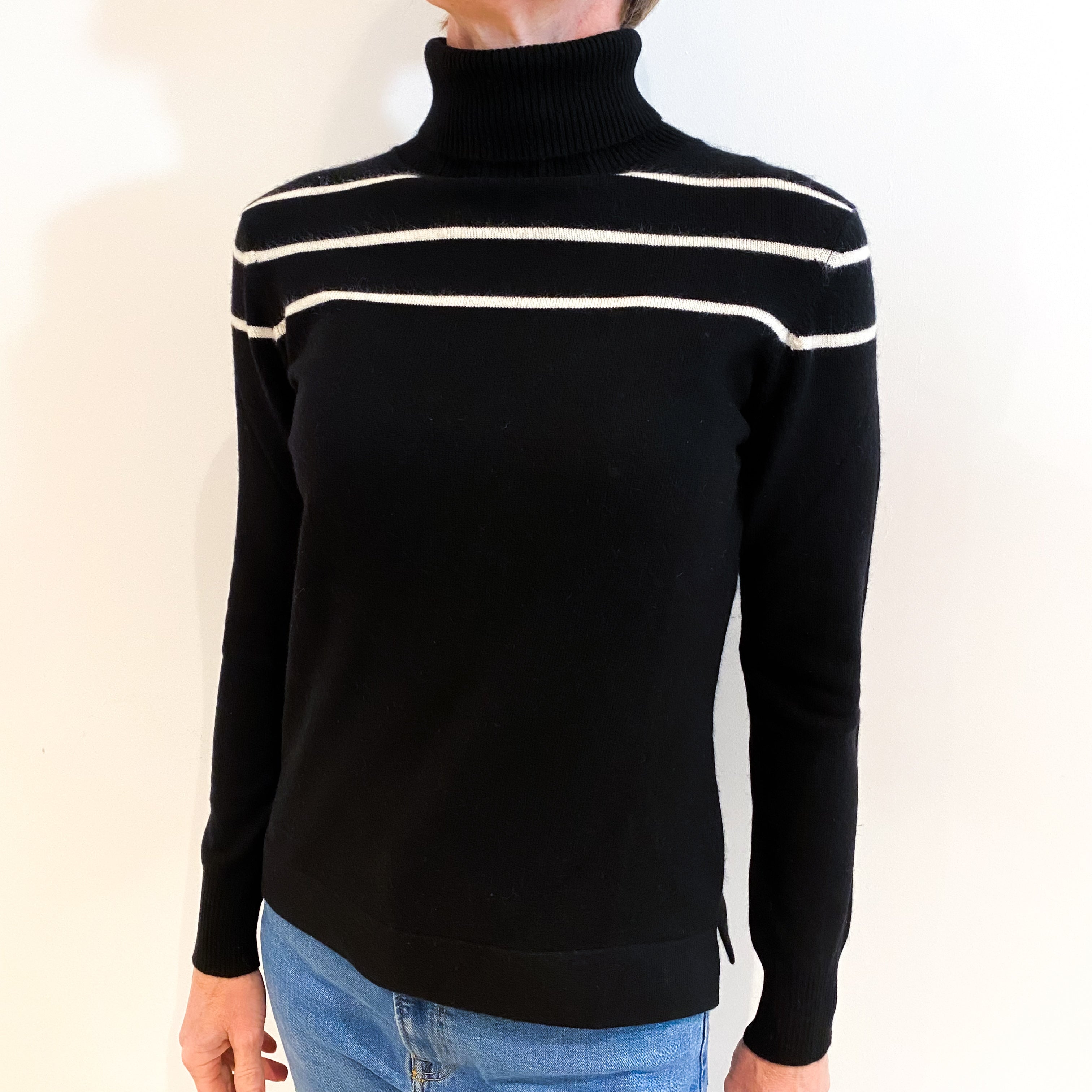 Black White Stripe Cashmere Polo Neck Jumper Small