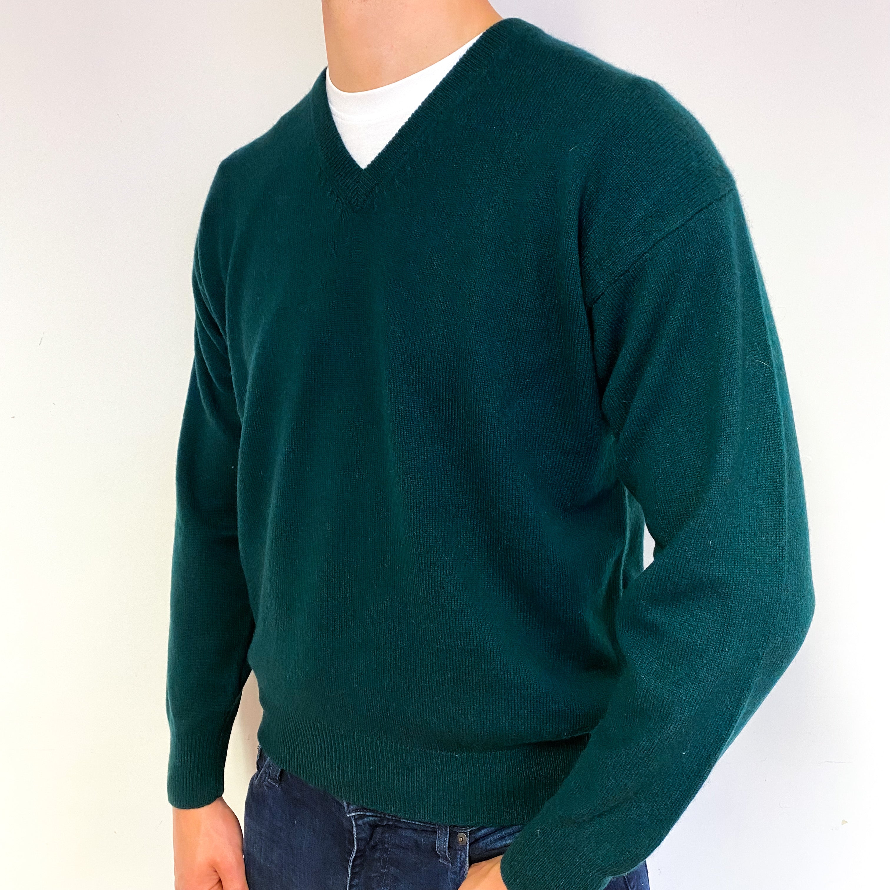 Men's Bottle Green Cashmere V-Neck Jumper Extra Large