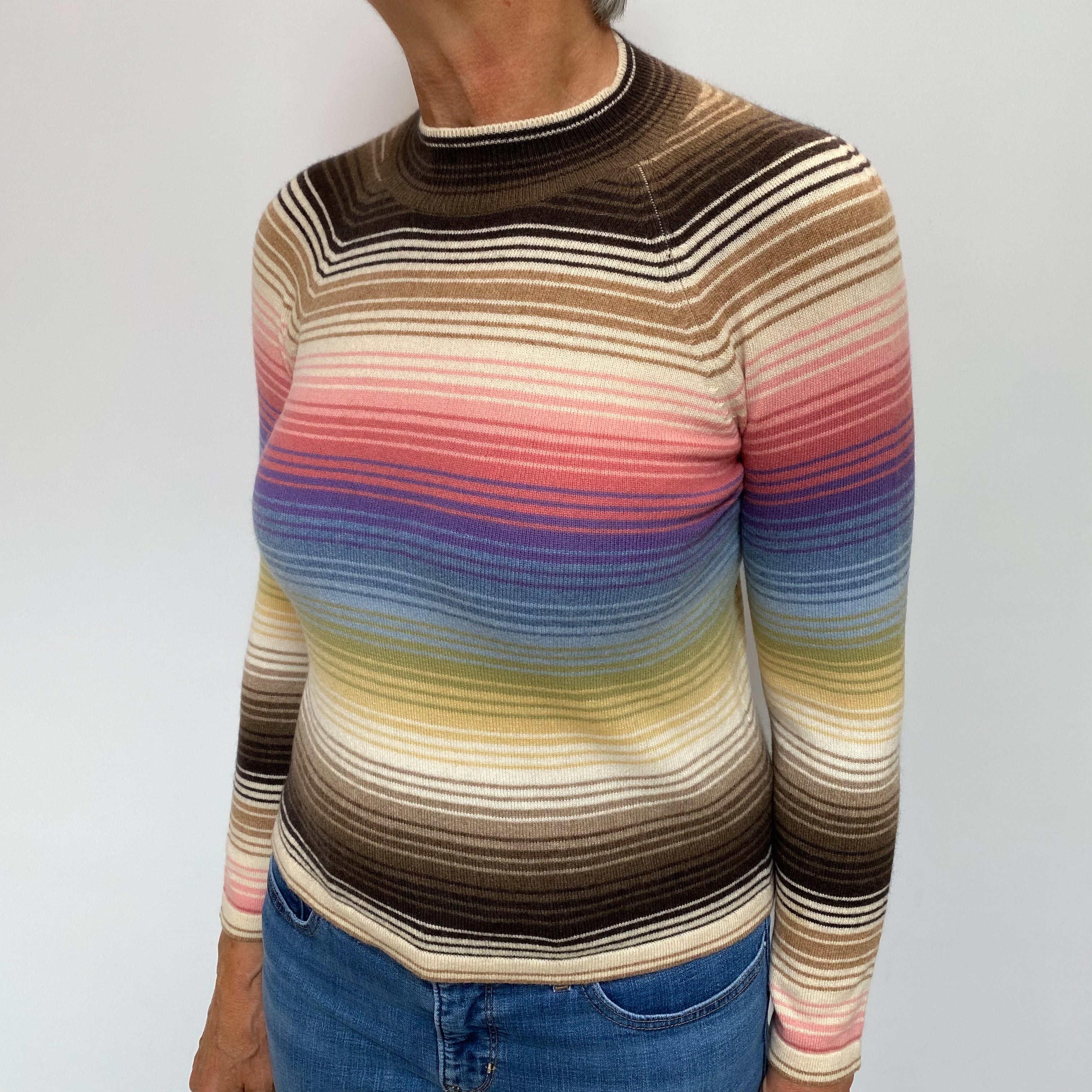 Multicoloured Striped Cashmere Turtle Neck Jumper Medium