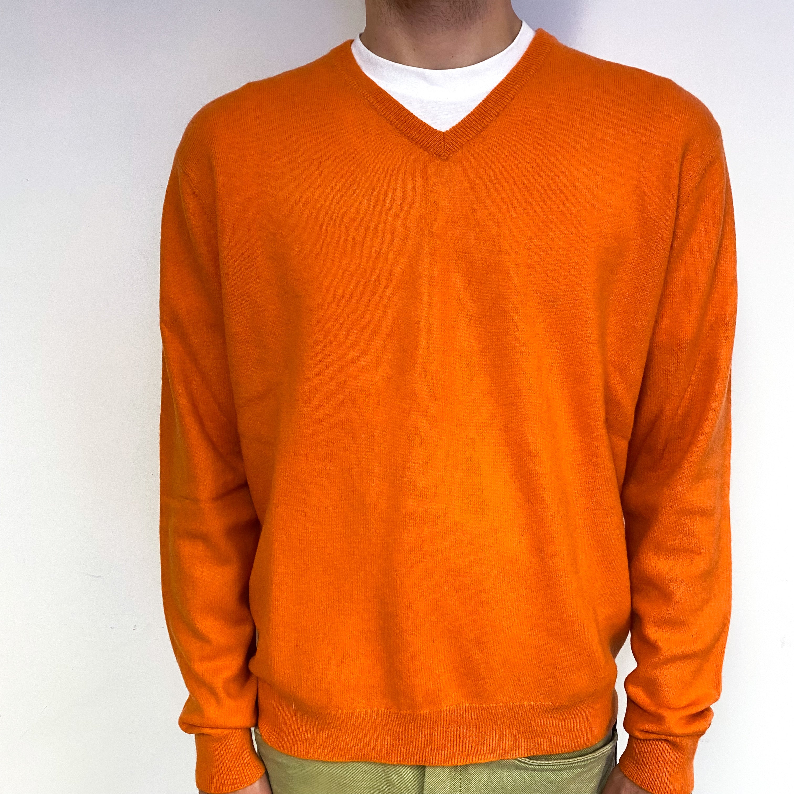 Men's Tiger Orange Cashmere V-Neck Jumper Large
