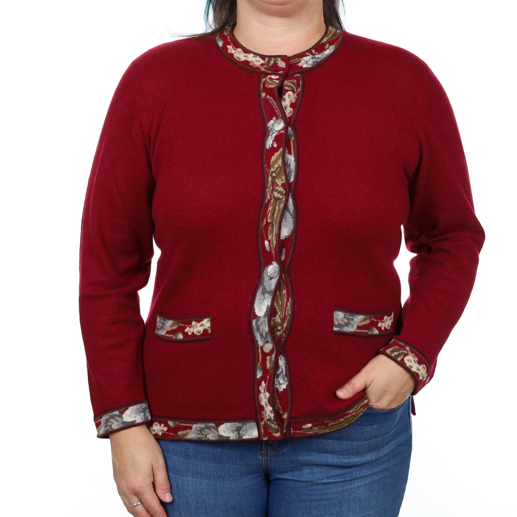Burgundy Red Cashmere Crew Neck Cardigan Large