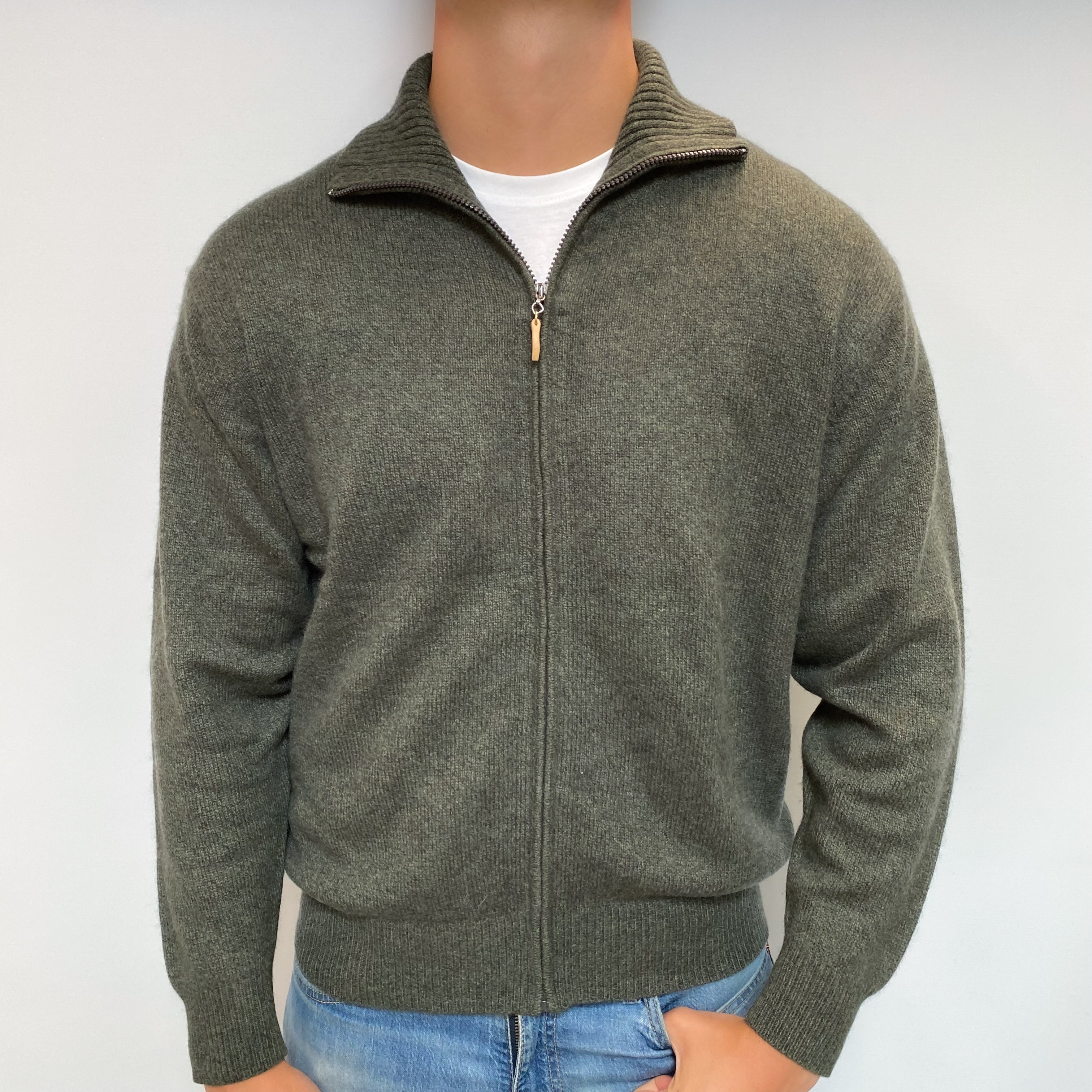 Men's Moss Green Marl Cashmere Zip Up Cardigan  XL