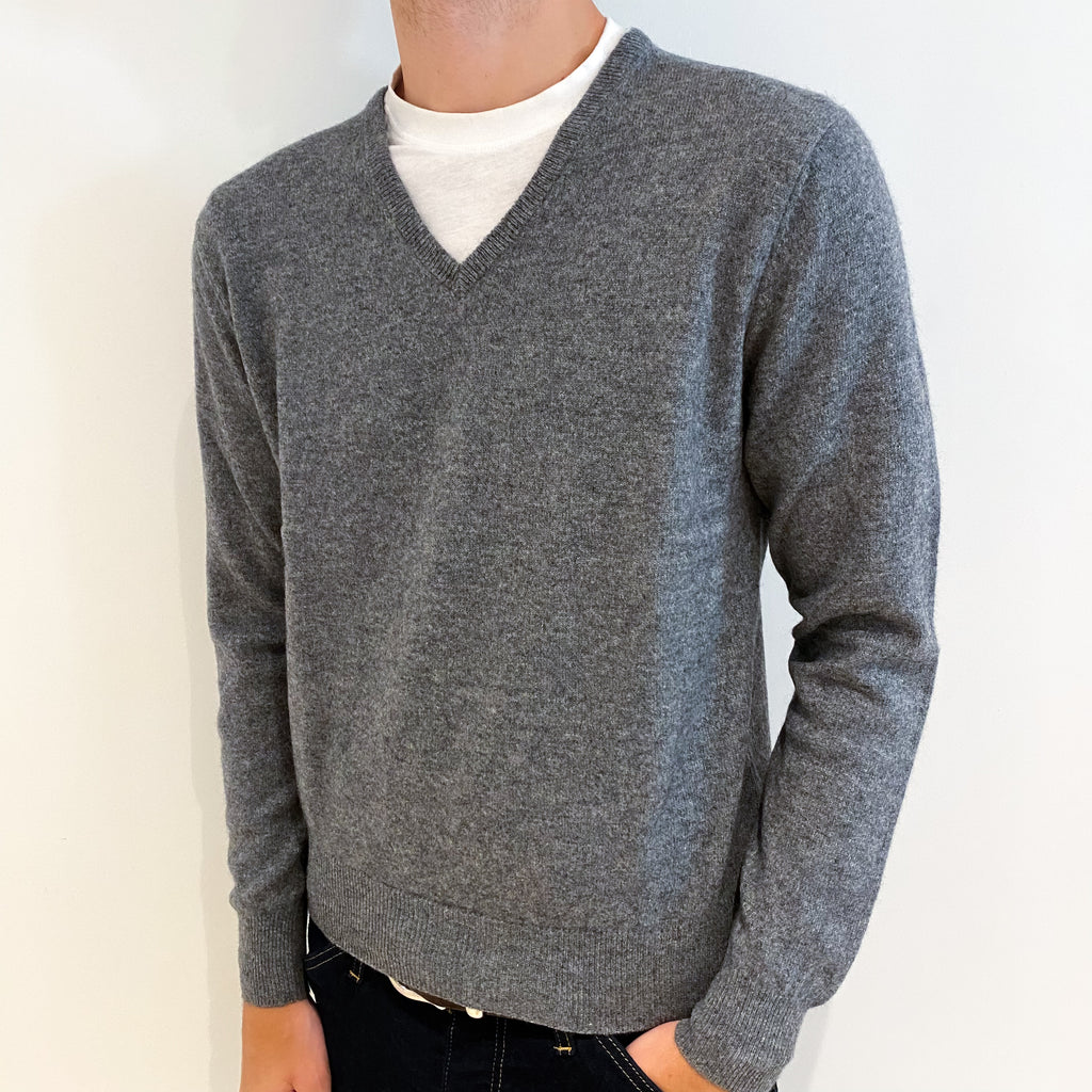 Men's Slate Grey Cashmere V-Neck Jumper Medium