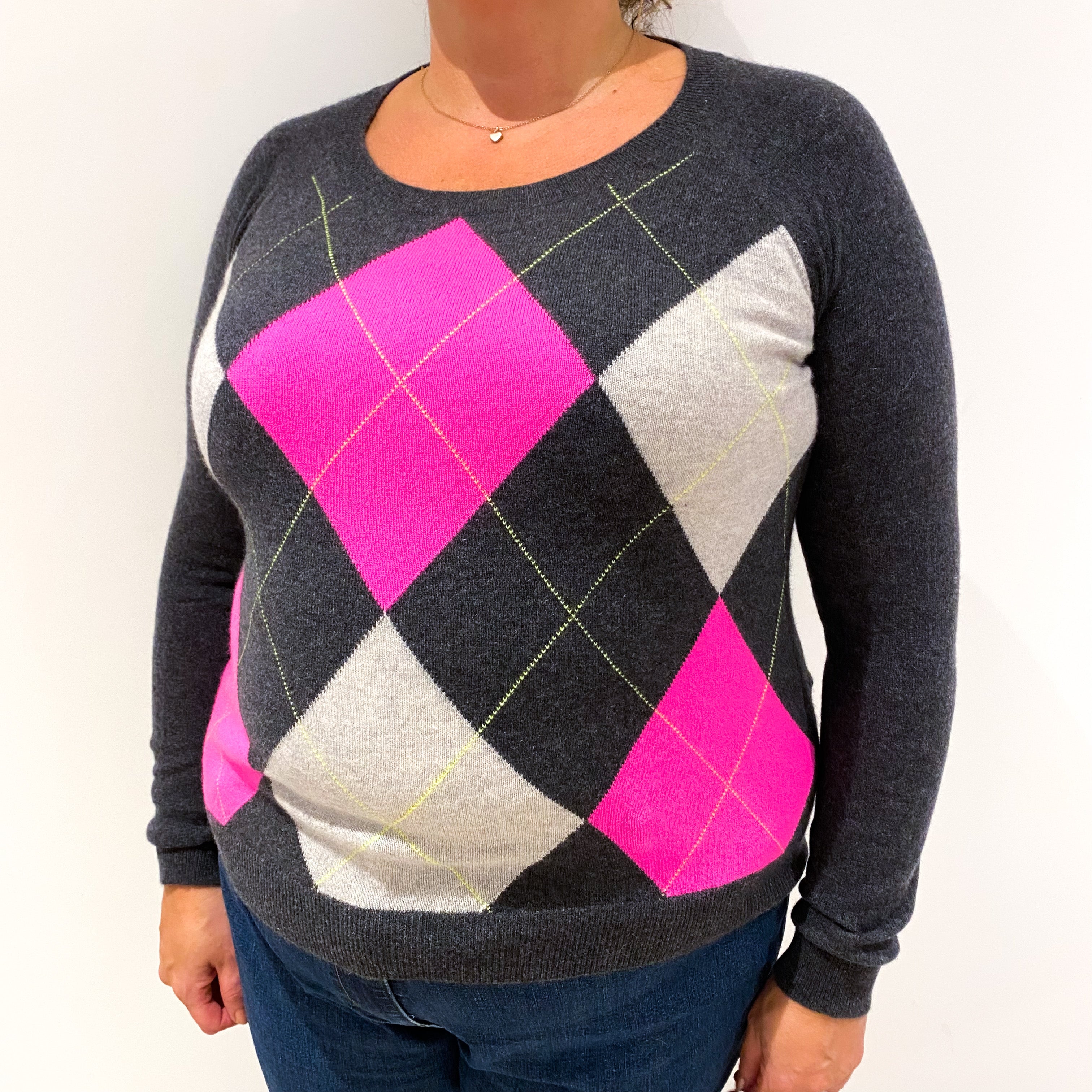 Charcoal Grey and Hot Pink Argyle Cashmere Crew Neck Jumper Extra Large