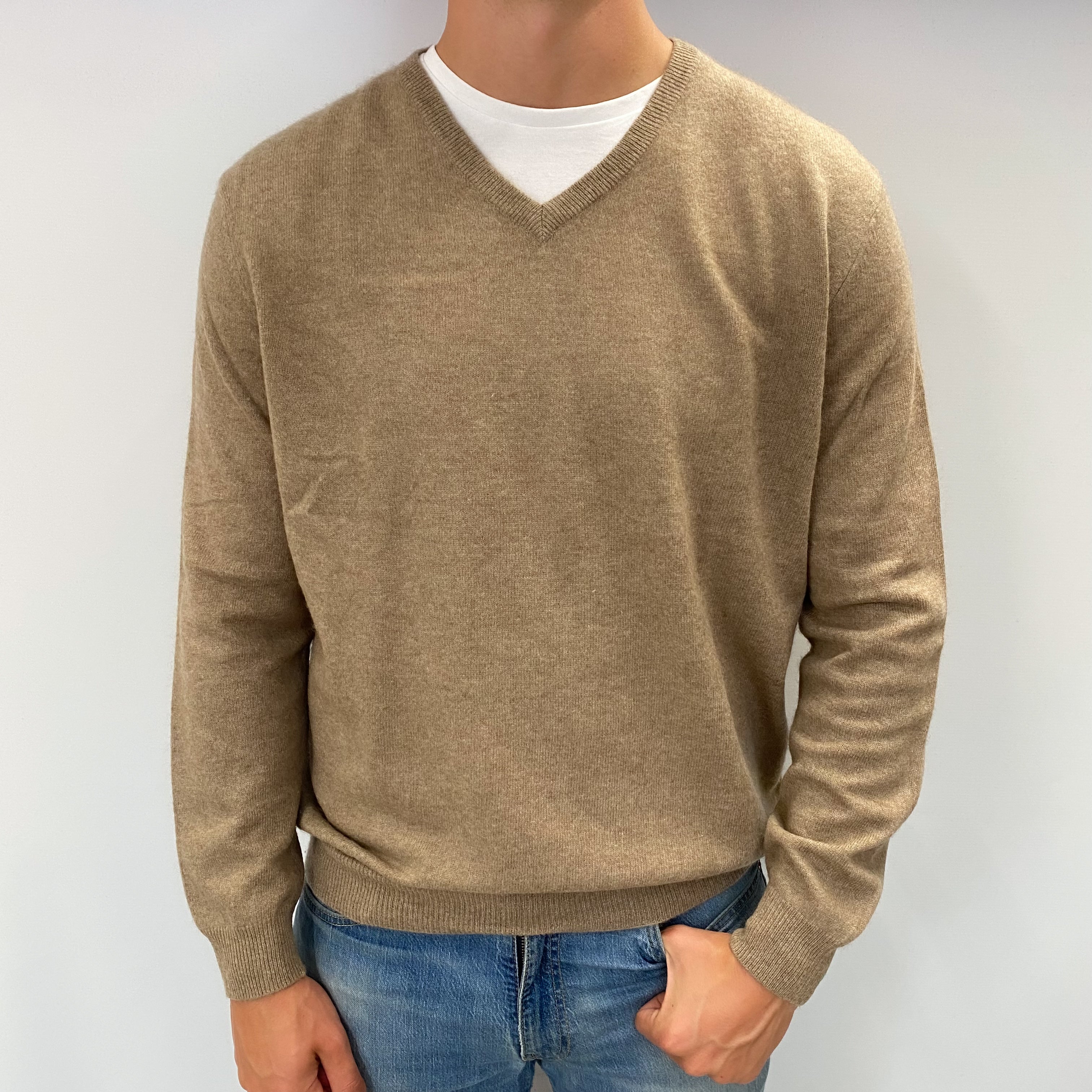 Men's Biscuit Beige Cashmere V Neck Jumper XL