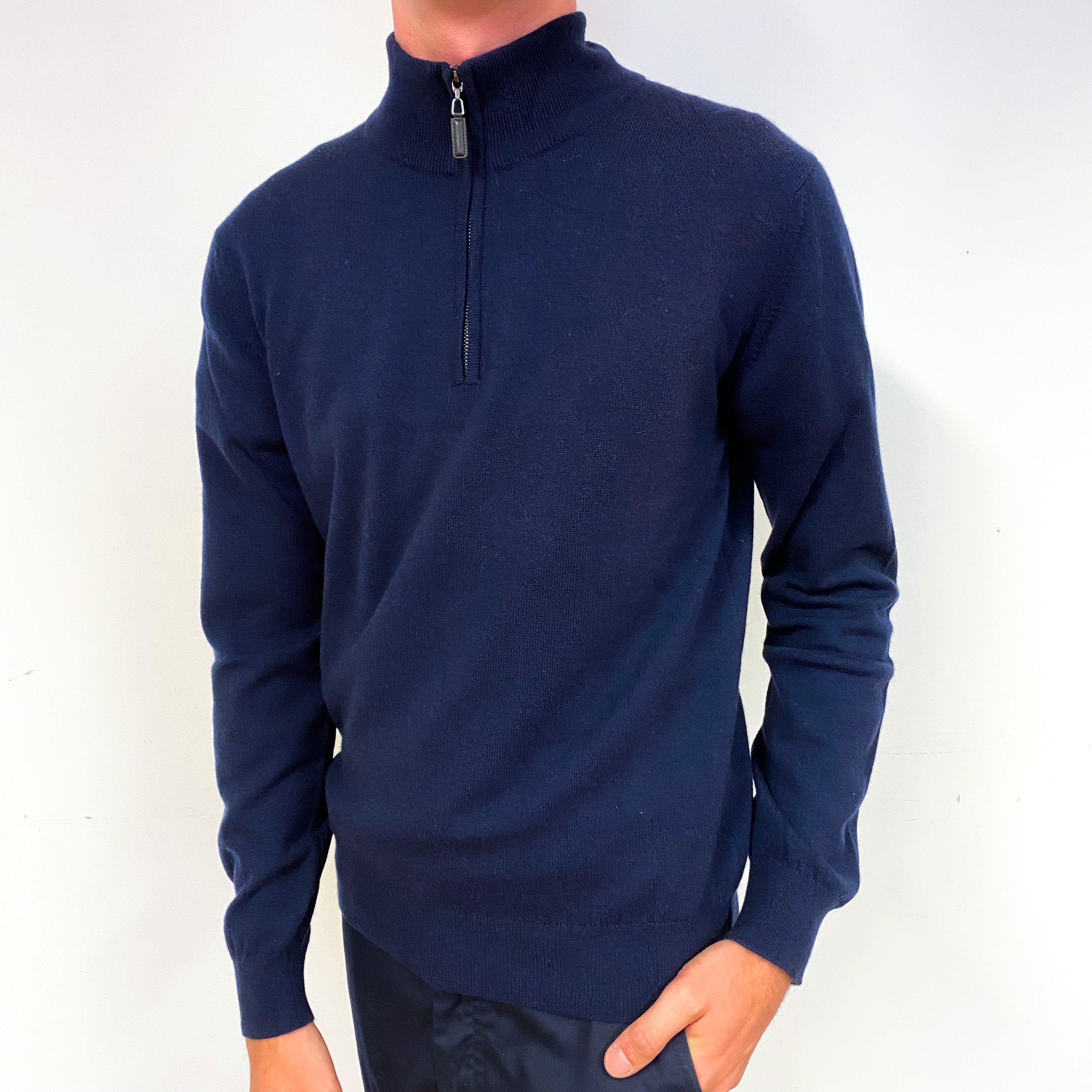 Men's Brand New Scottish Navy Blue Cashmere Quarter Zip Neck Jumper Small