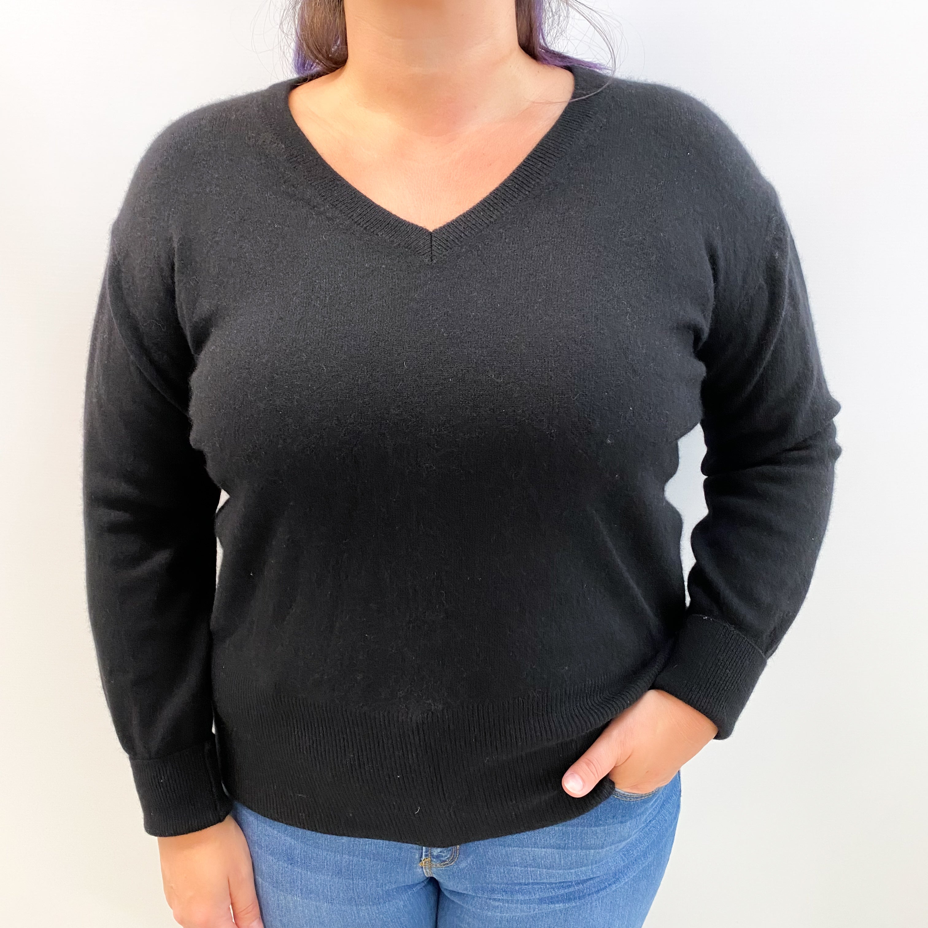 Italian Black Cashmere V Neck Jumper Large