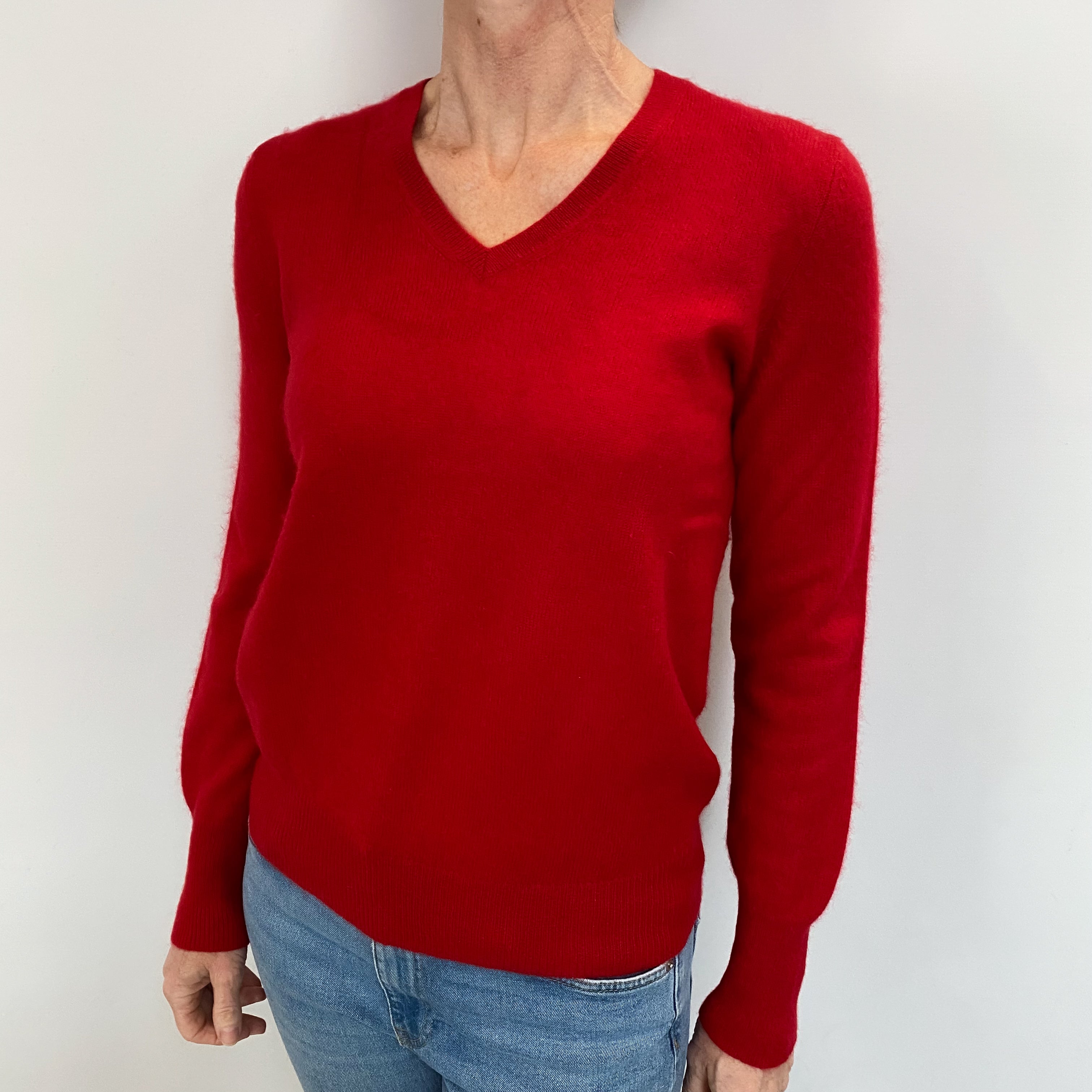 Scarlet Red Cashmere V Neck Jumper Small