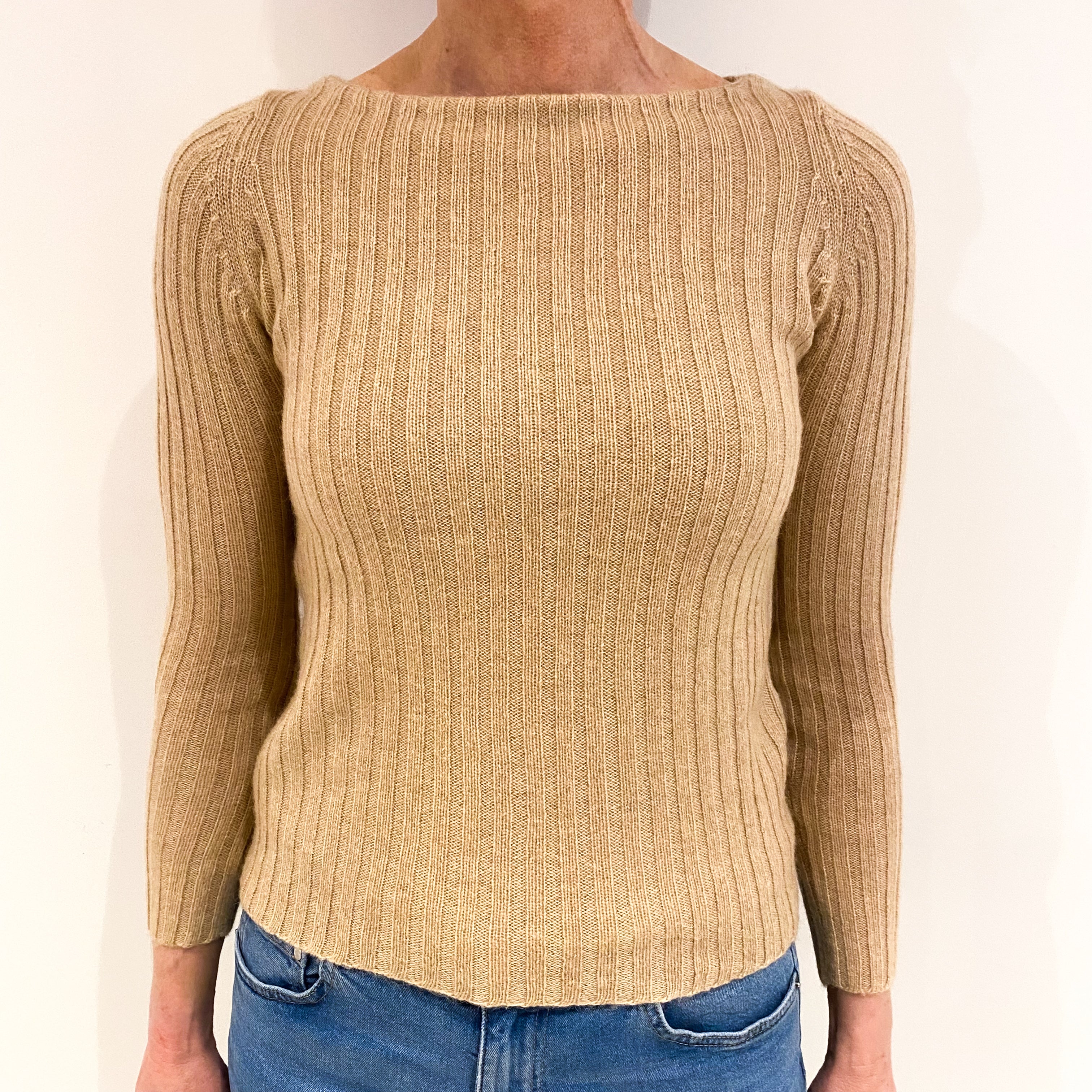 Honey Beige Cashmere Slash Neck Jumper Small