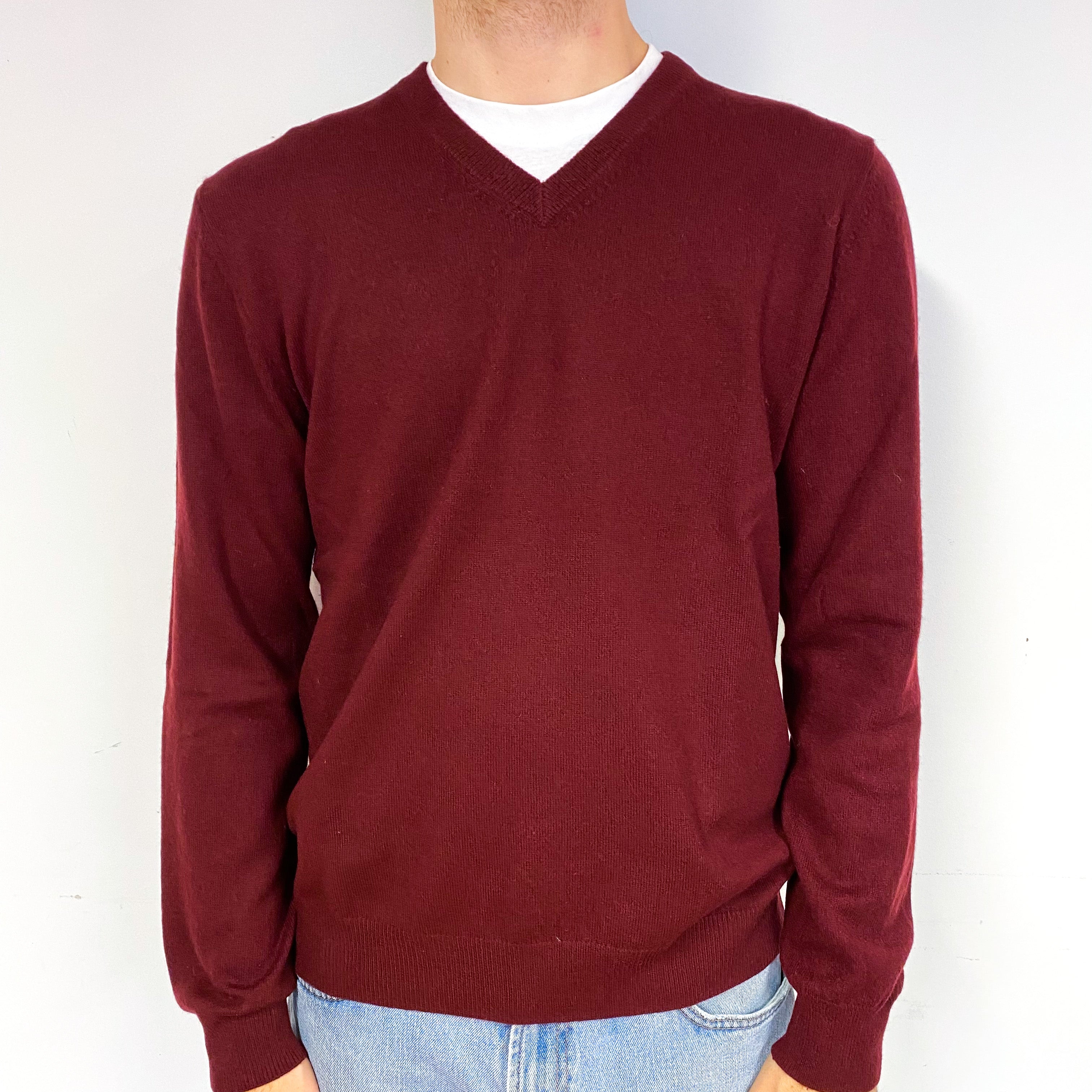 Men's Wine Red Cashmere V-Neck Jumper Large