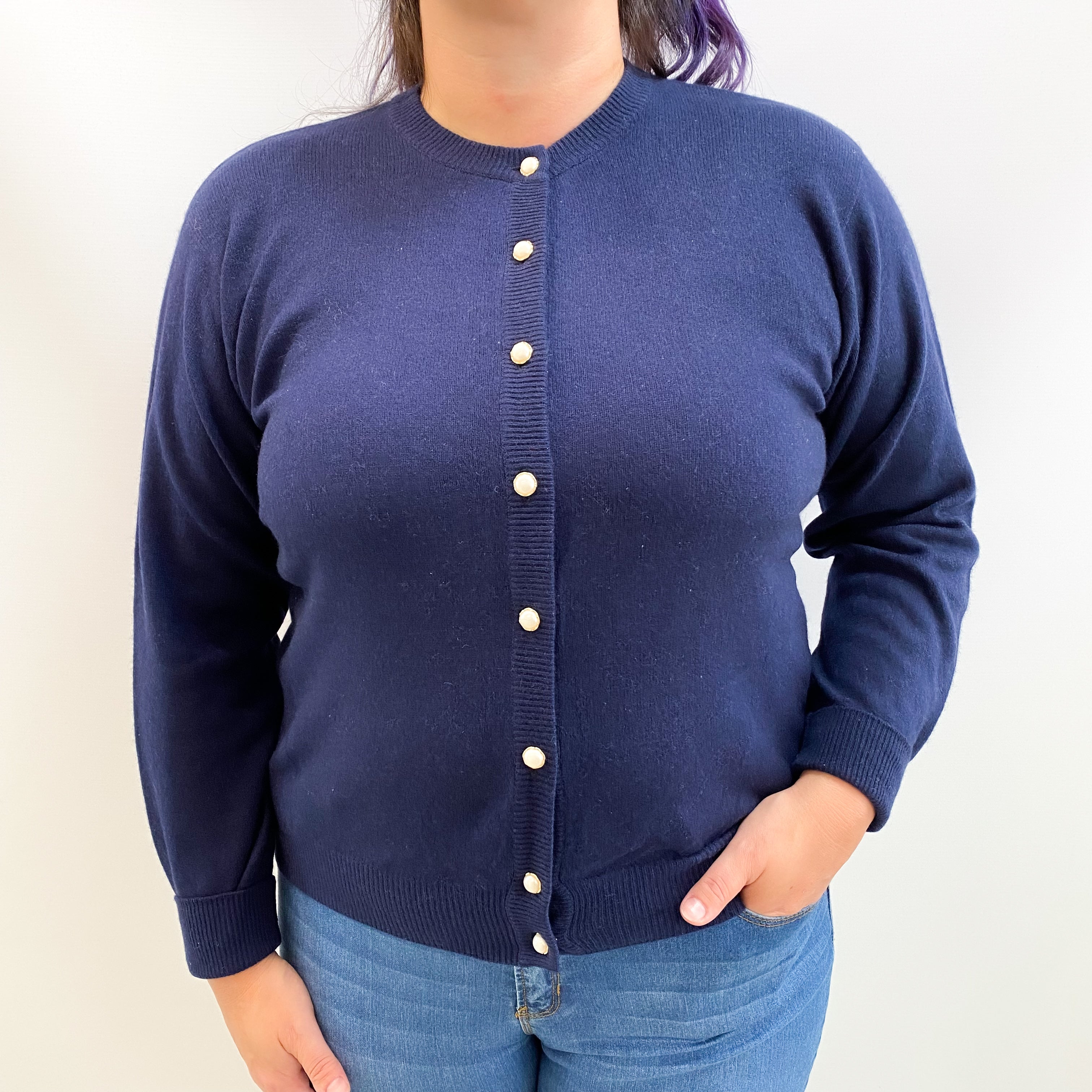 Navy Blue Cashmere Crew Neck Cardigan Large