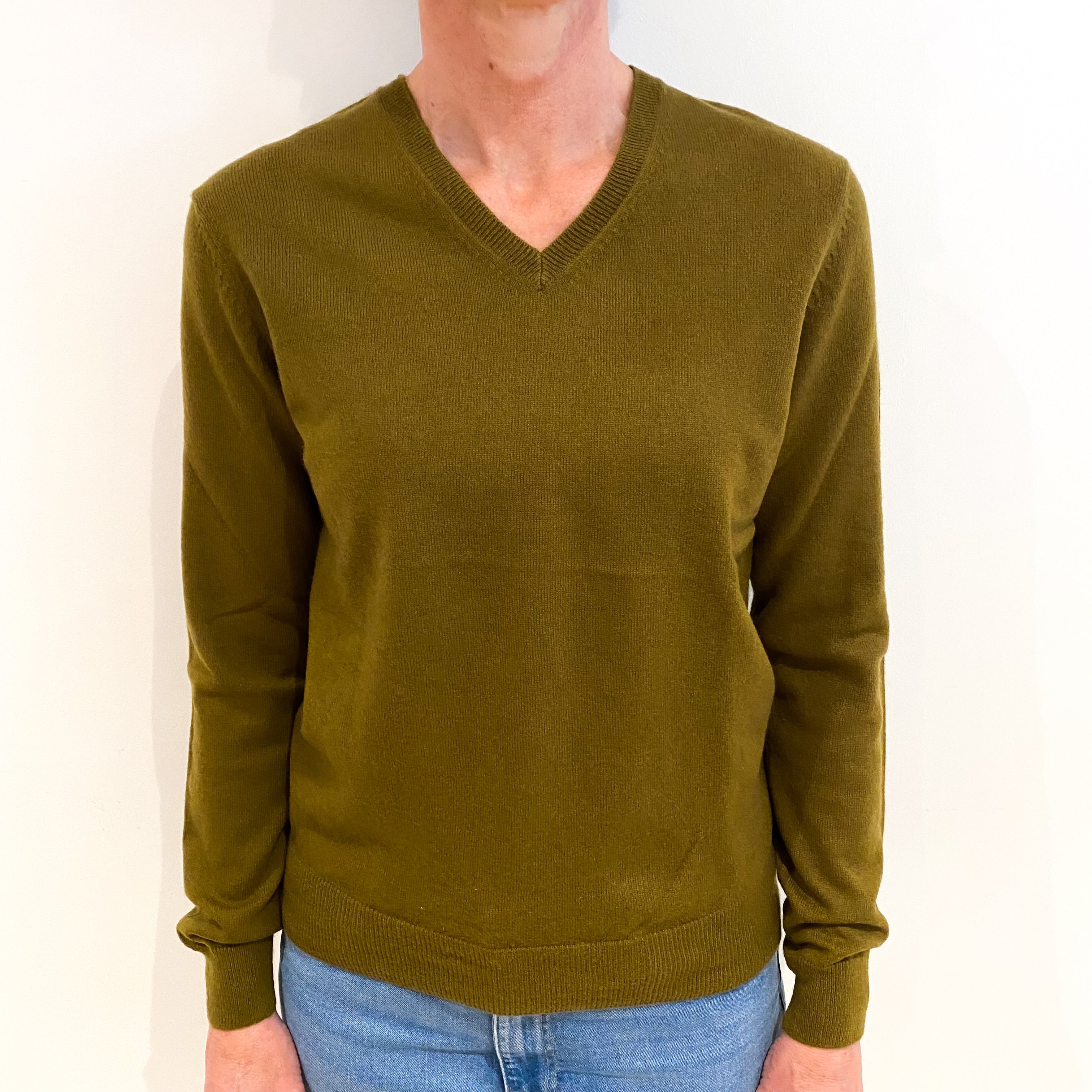 Olive Green Cashmere V Neck Jumper Small