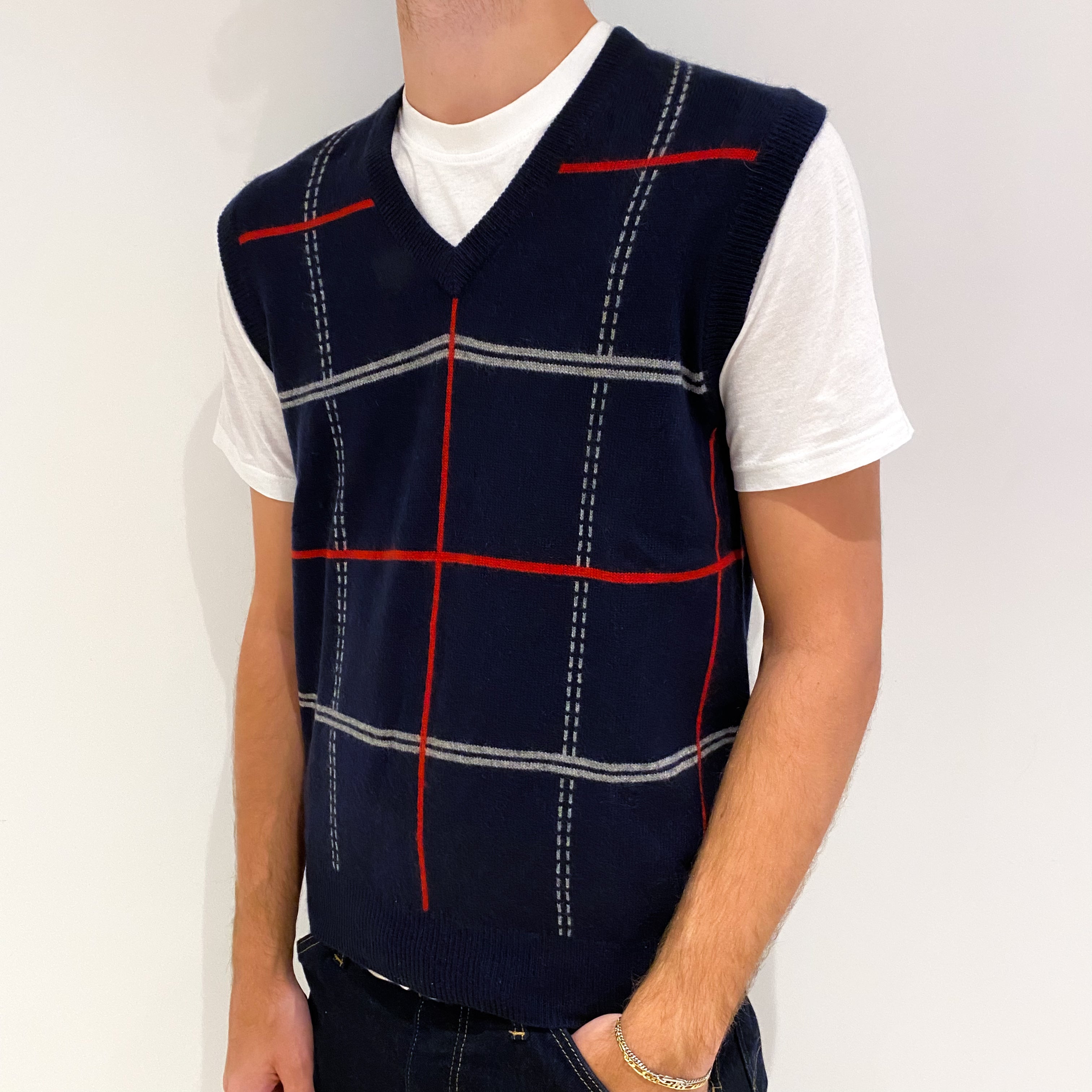 Men's Navy Red Checked Cashmere V-Neck Tank Top Medium