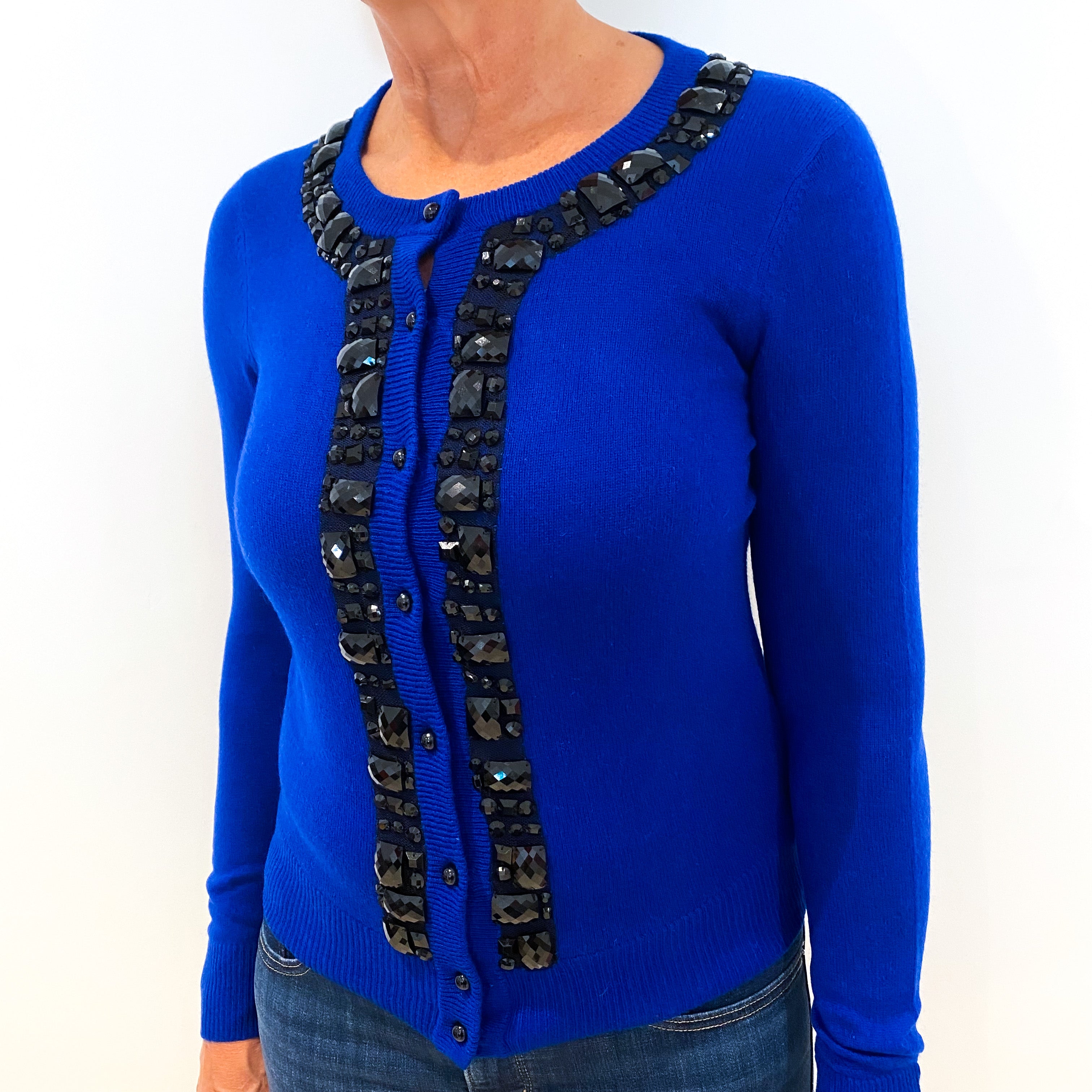 Royal Blue Embellished Cashmere Crew Neck Cardigan Medium